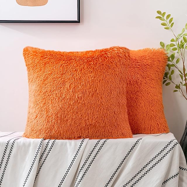 WOABOY Pack of 2 Soft Throw Pillow Cover Fluffy Faux Fur Decoration Deluxe Decorative Plush Pillow Case Cushion Cover Shell for Sofa Bedroom Livingroom 16 x 16 Inch Orange