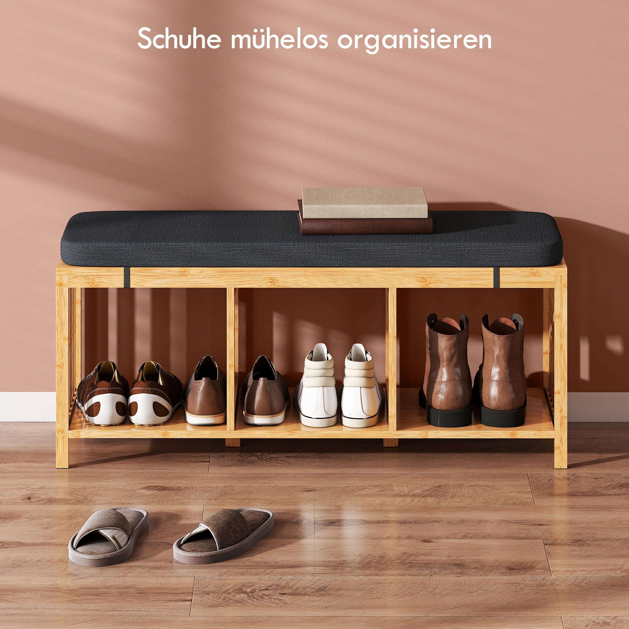 HOMCOM Schuhbank mit Sitzfläche mit Stauraum 102 x 33 x 45 cm Naturholz | Schuhregal, Sitzbank aus Bambus mit Offener Ablage, Leinenoptik, für Flur und Eingangsbereich