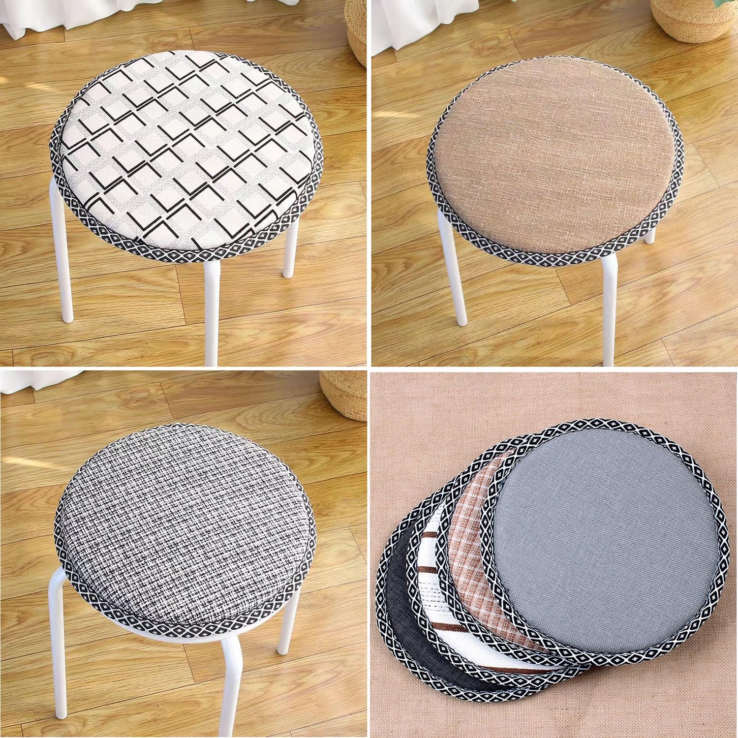 Cuscini rotondi per sedie per sgabelli, traspiranti, in cotone e lino, antiscivolo, con laccetti (giallo-marrone, 35 cm, confezione da 2), perfetti per casa, giardino, sala da pranzo e uso esterno