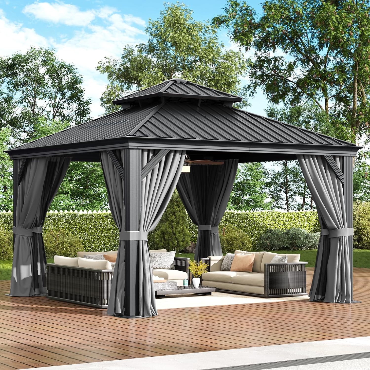 Aoxun Hardtop Gazebo 12x12 with Gutter, Upgraded Wider Aluminum Outdoor Gazebo with Galvanized Steel Double Roof, Patio Permanent Metal Pavilion with Netting and Privacy Curtain