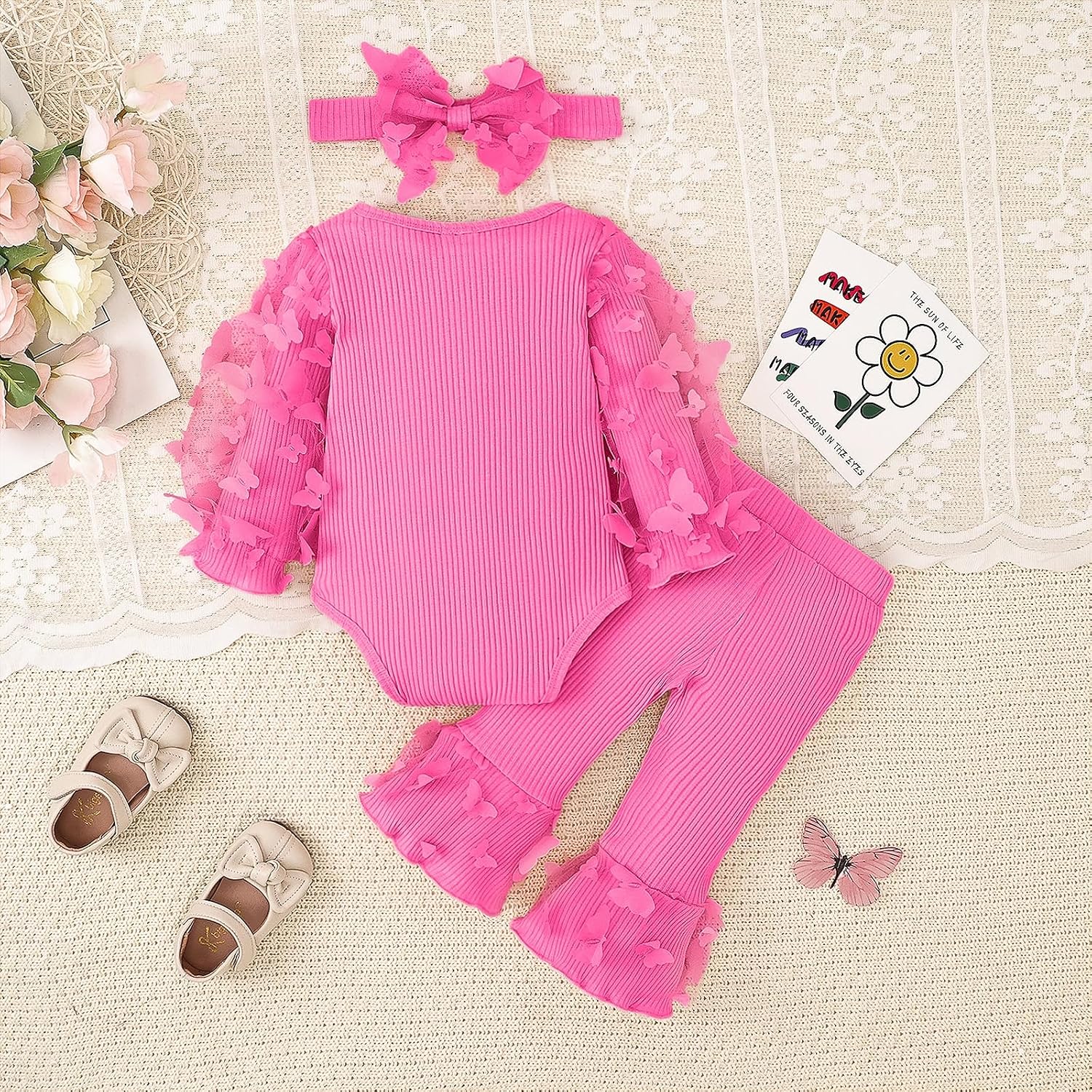 Baby Girl Clothes Newborn Outfits 3D Butterfly Long Sleeve Romper Flare Pants with Bow Headband Set 0-18 Months