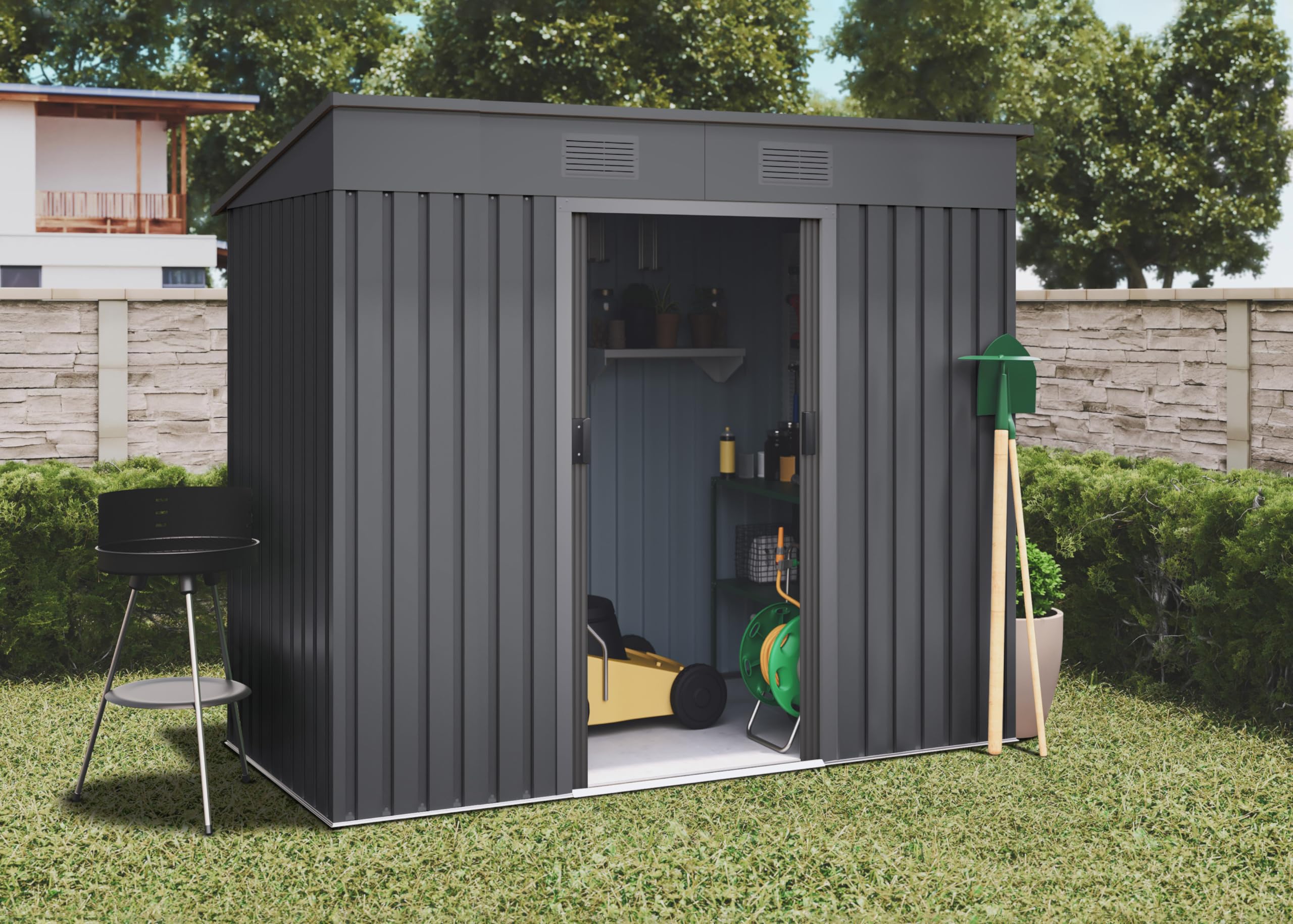Wasabi - Gartenhaus Metall 3,14m2 Light Anthracite – 238x130x202cm - Doppelte Schiebetür - Lüftungsgitter – Flachdach - Geräteschuppen – Gerätehaus Outdoor Wetterfest - Anthrazitgrau