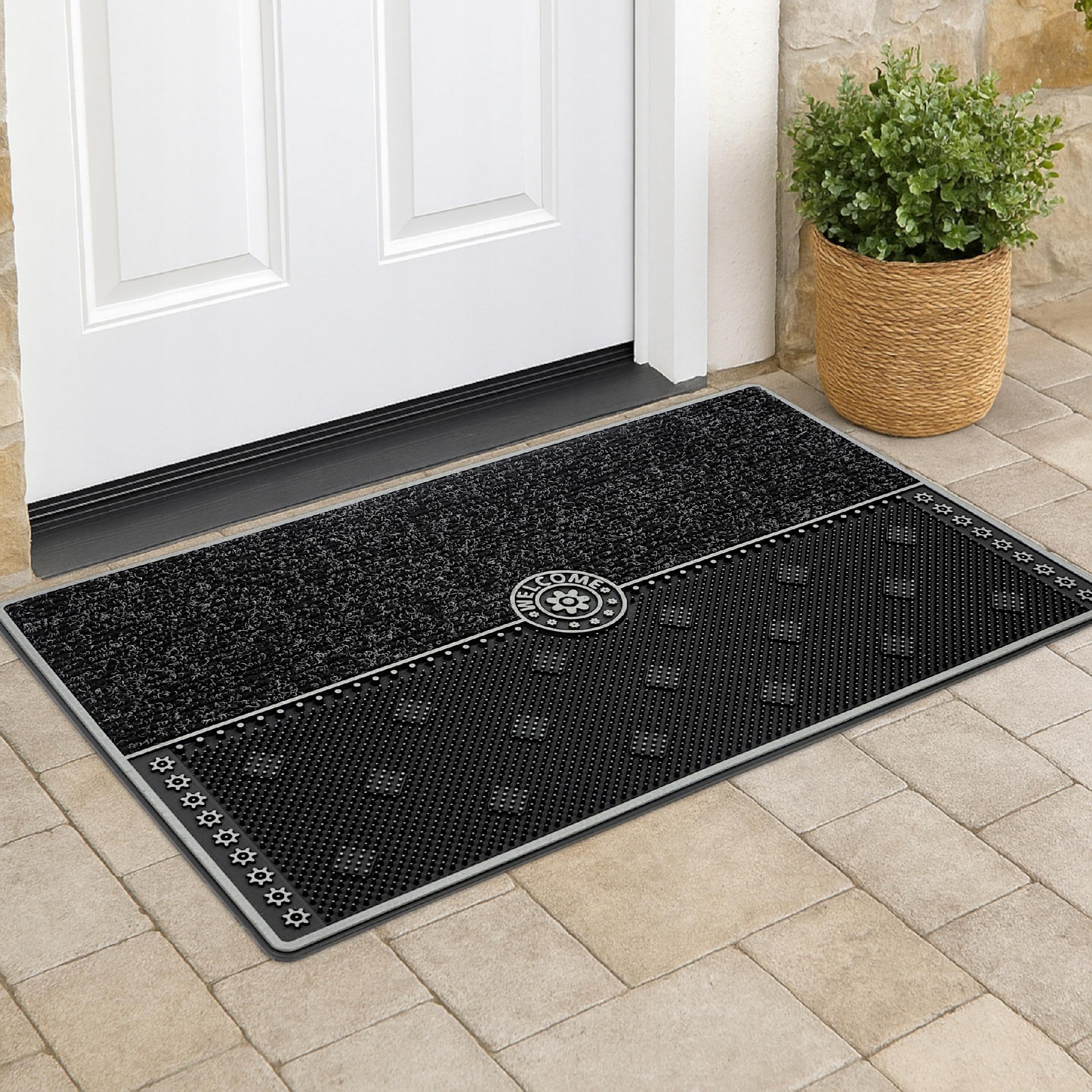 Fußmatte Außen 45x75 cm – stabile Gummimatte mit Doppelstruktur, Schmutzfangmatte mit Fasern & Gummi-Noppen, rutschfest, Wetterfest, Türmatte - Türvorleger Silver Langfristig Haltbar