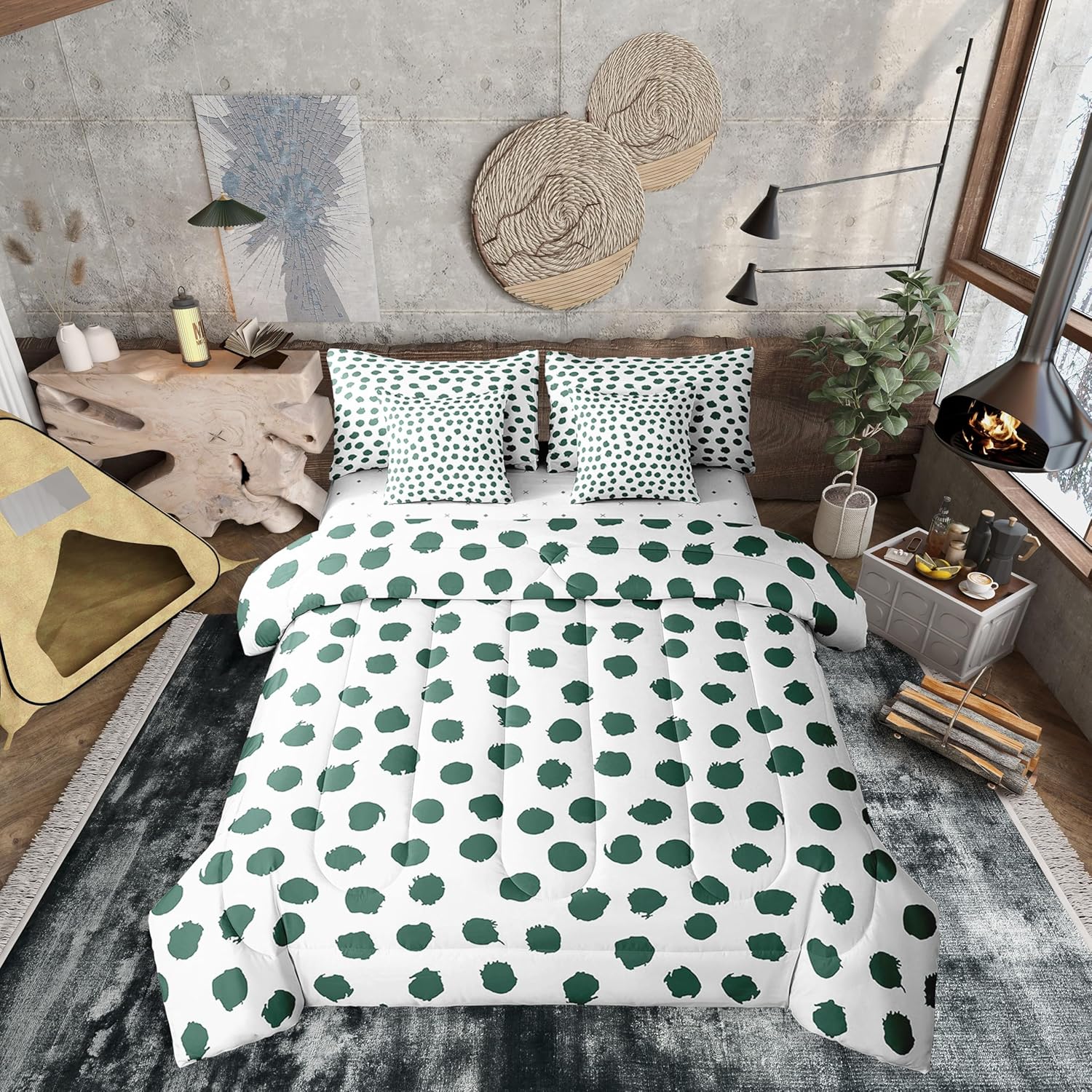 Erosebridal Polka Dots Bed Set Full Size Sheet Set for Kids Teens Adults Brush Stroke Boho Green Spring Comforter Set Lightweight Bed in A Bag 7 Pcs