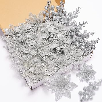Zhuqing 22Pcs Christmas Poinsettia Artificial Flowers and Glitter Berries Stems Kit, 16Pcs Christmas Tree Flowers Ornaments and 6 Pack Christmas Tree Picks for Wedding Holiday Decorations Silver