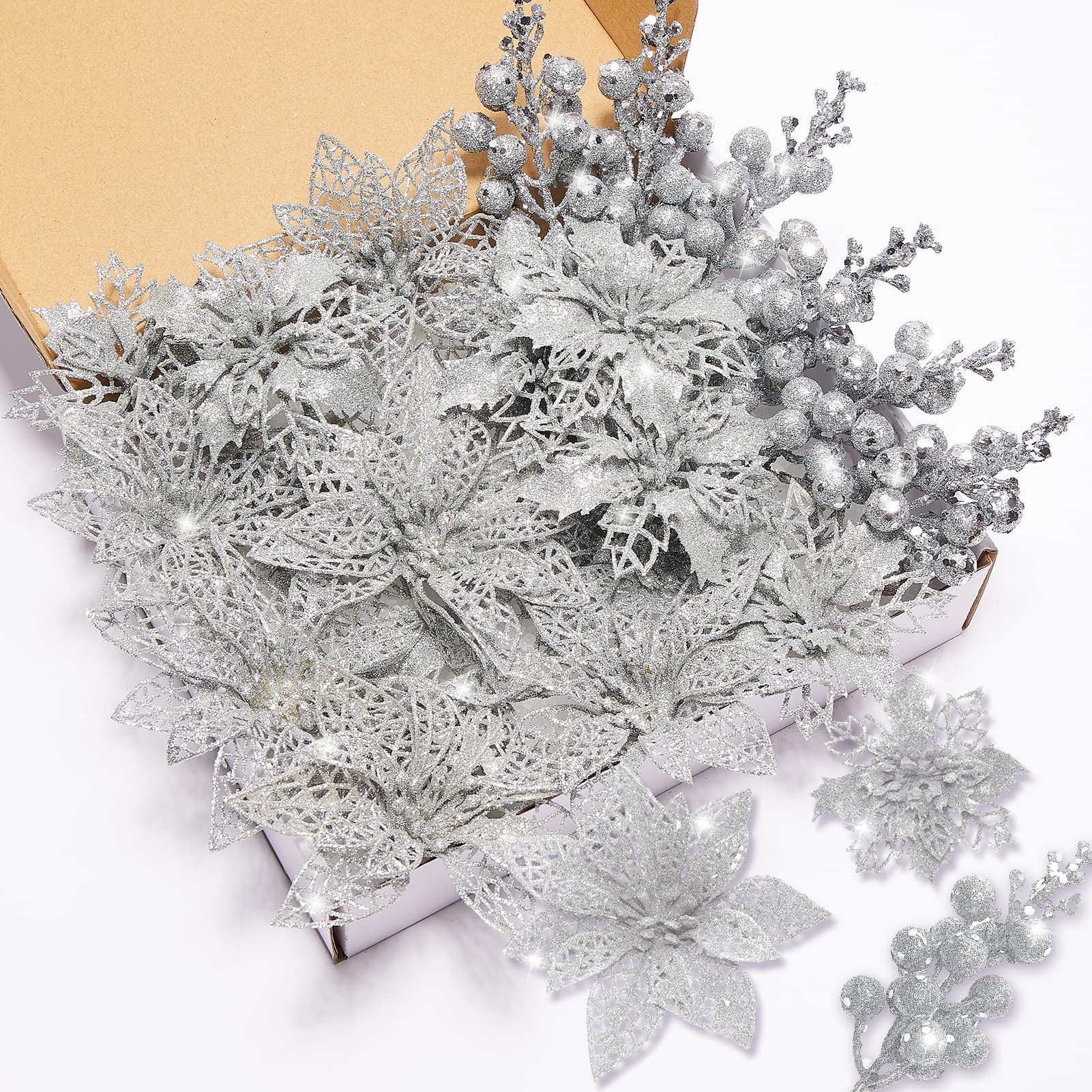 Xmastell Silver Poinsettia Artificial Flowers Set, 22 Pcs Christmas Flowers For Tree With 16 Poinsettia & 6 Berries Picks, Xmas Tree Flower Decorations For Festive Home Decor