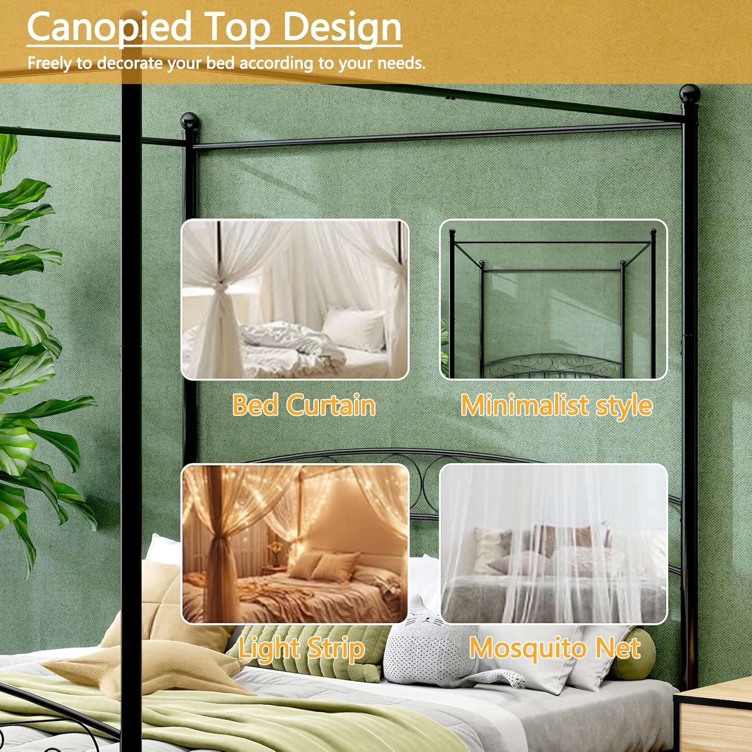 4-Poster Metal Canopy Bed Frame Queen Size with Headboard Footboard No Box Spring Needed Easy Assembly Black