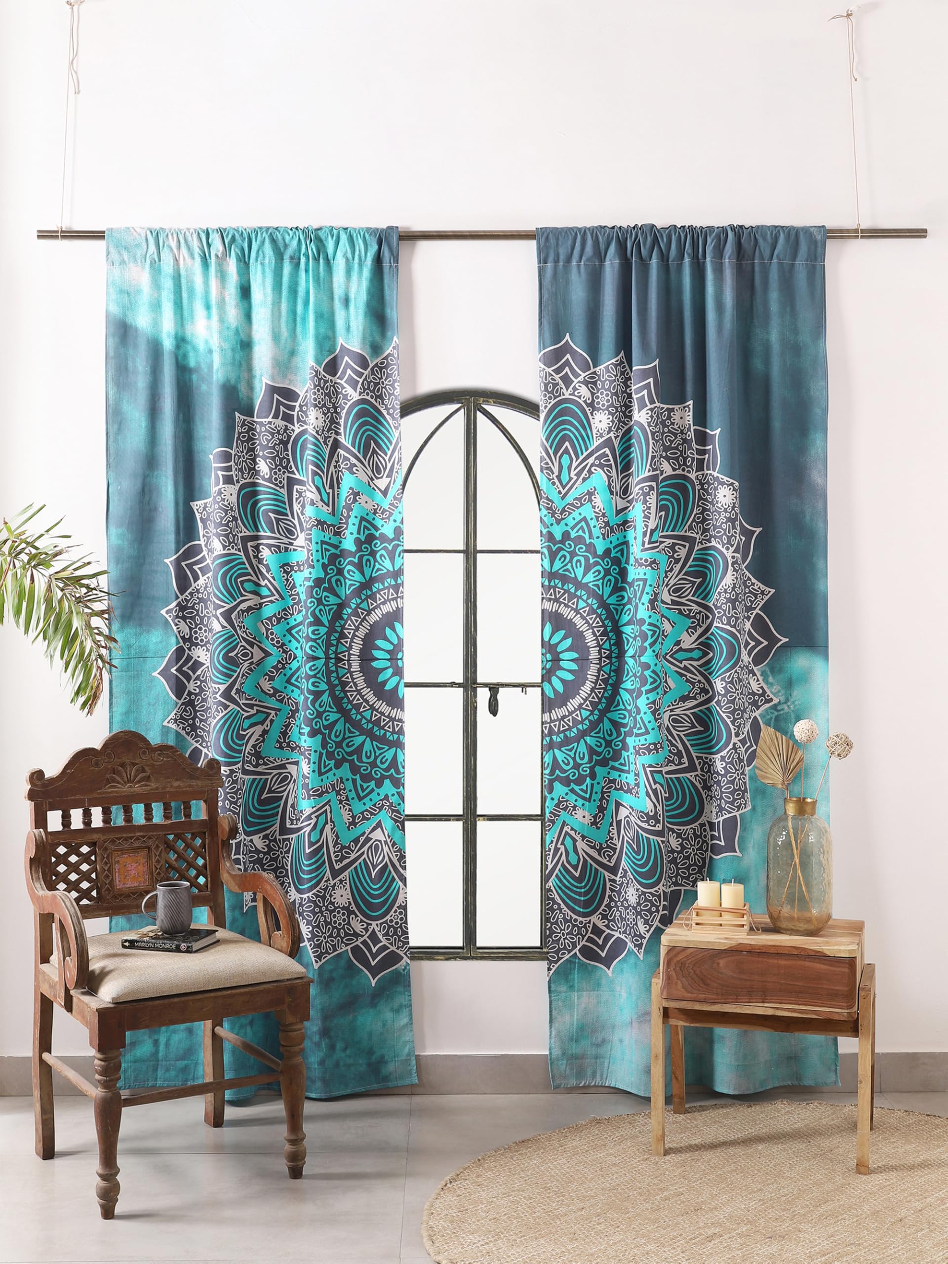 Popular Handicrafts Hippie-Mandala-Ombre-Vorhänge, für Wohnzimmer oder Schlafzimmer, lichtdurchlässige, halbtransparente Boho-Landhausgardinen, 193,0 x 210,8 cm (B x L), Türkis, 2er-Set