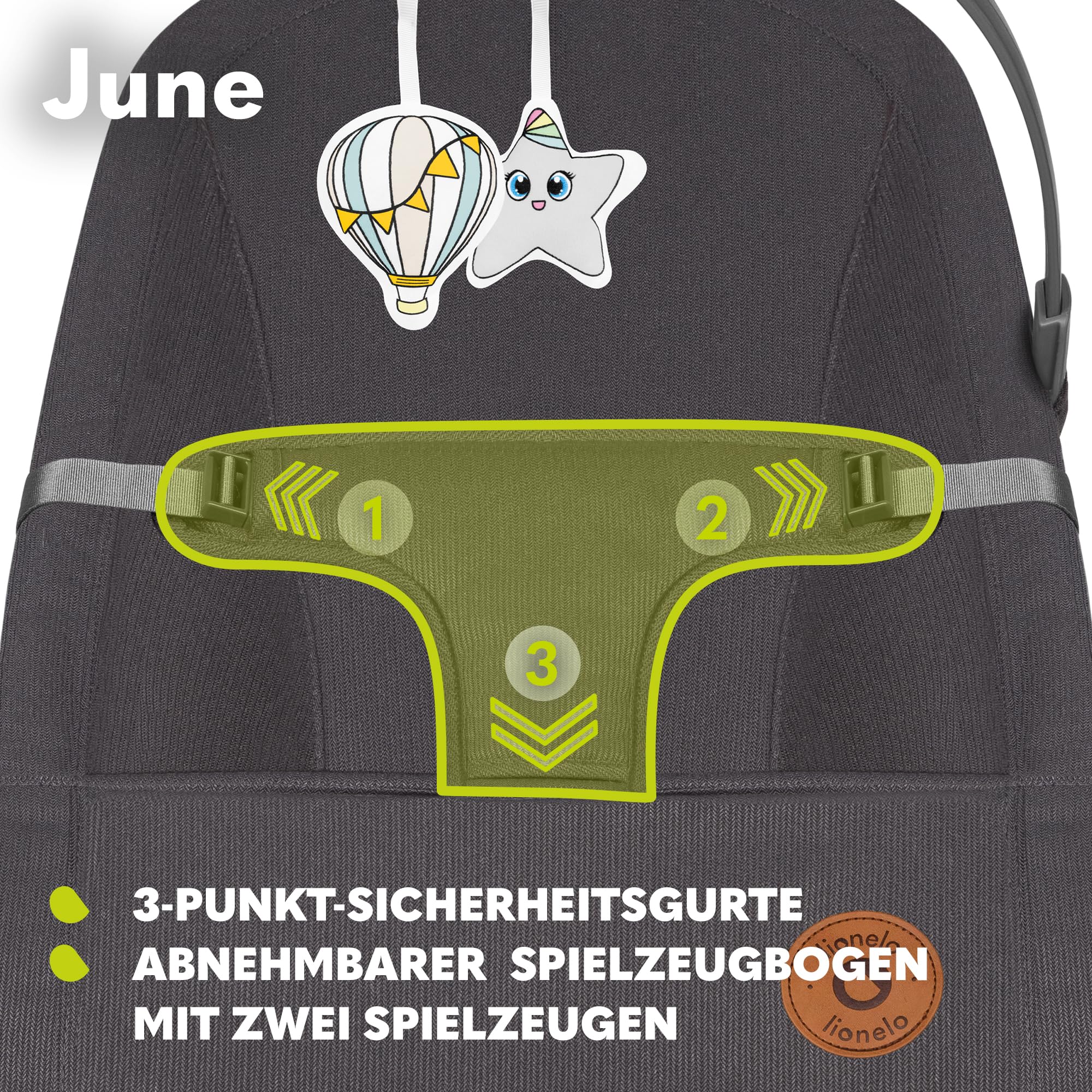 LIONELO June Babywippe, ab den ersten Lebenstagen bis zu 9kg | atmungsaktives Material, optimale Luftzirkulation, leicht, stabil, rutschfest, Sicherheitsgurte, zusammenklappbare Babywippe