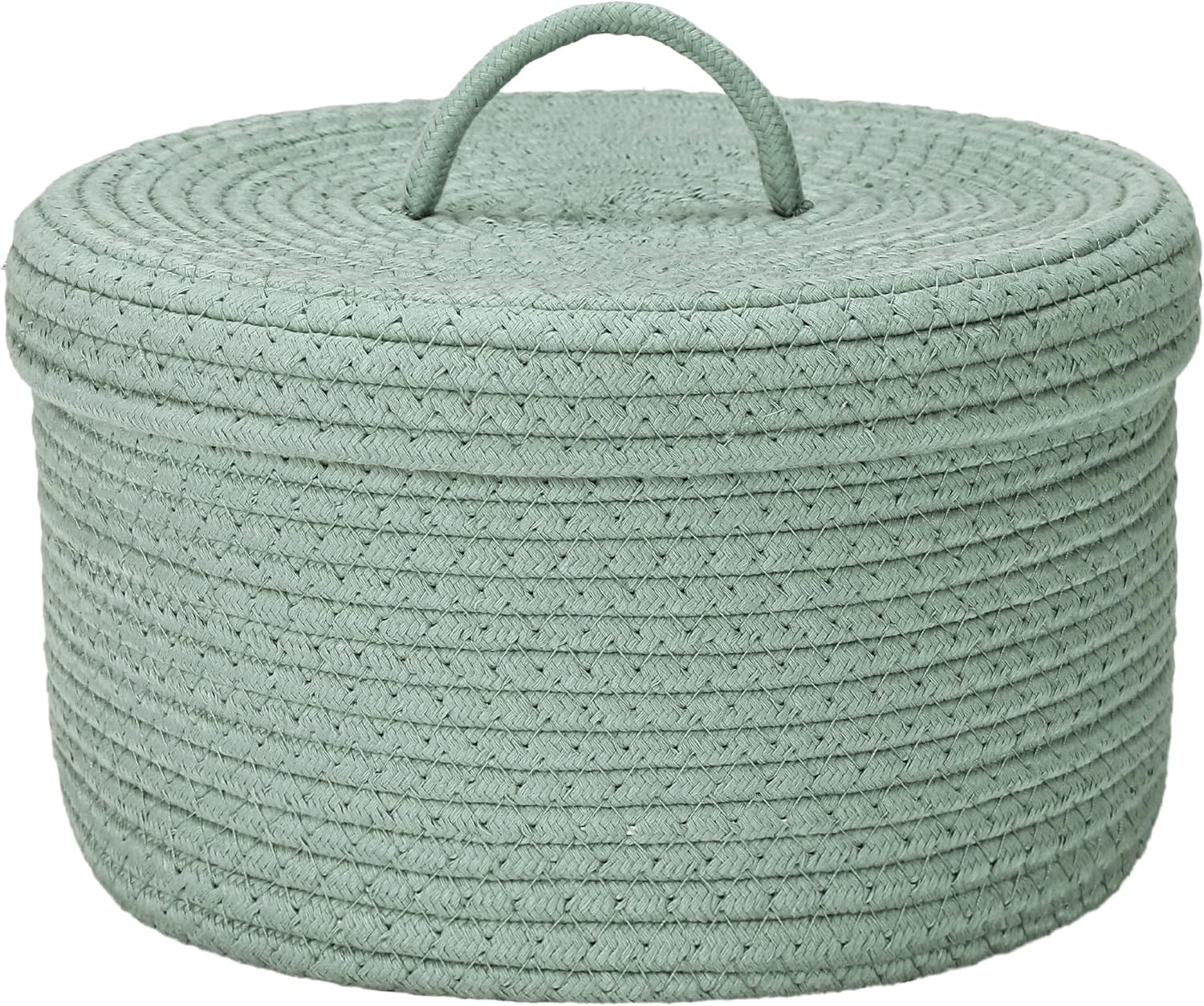 Sea Team Round Cotton Rope Storage Basket with Lid, Lidded Woven Storage Bin, Nursery Storage Container, Diaper Caddy, Baby Shower Basket, Box, Organizer, 11.8 x 11.8 x 6.7 Inches (Medium, Green)