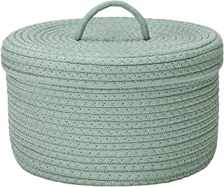 Sea Team Round Storage Basket, Woven Cotton Rope Basket with Lid, Green | Decorative Knitted Storage Bin, Multi-Purpose Lidded Organizer for Closet Shelves, Nursery and Household Storage