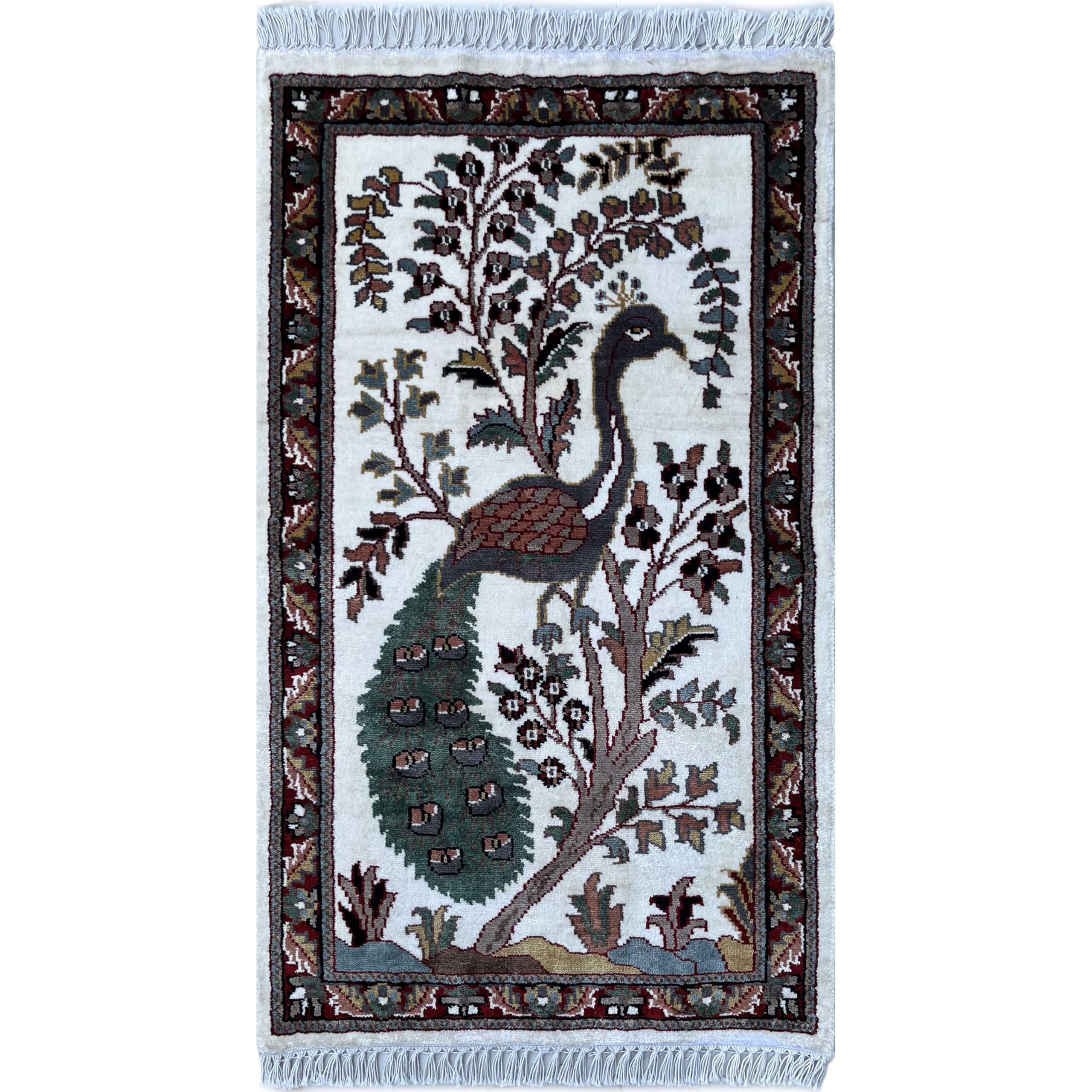 Tapis noué à la main blanc motif paon 91 cm tissage artisanal d'exception