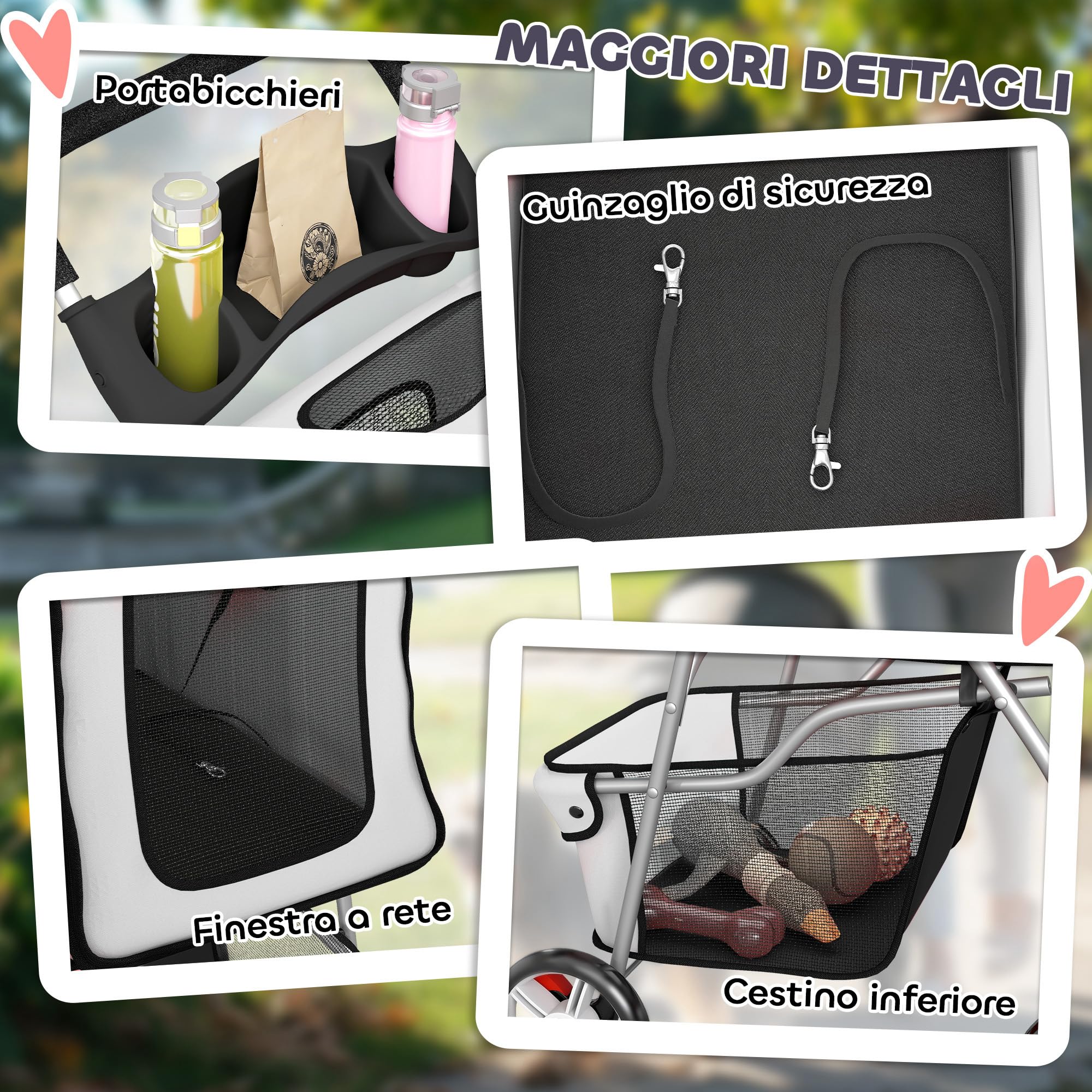PawHut Passeggino per Cani Pieghevole, Carrozzina per Animali con Copertura Antipioggia, Catarifrangenti, Ruote Girevoli a 360°, Freni e Cuscino Lavabile, Grigio
