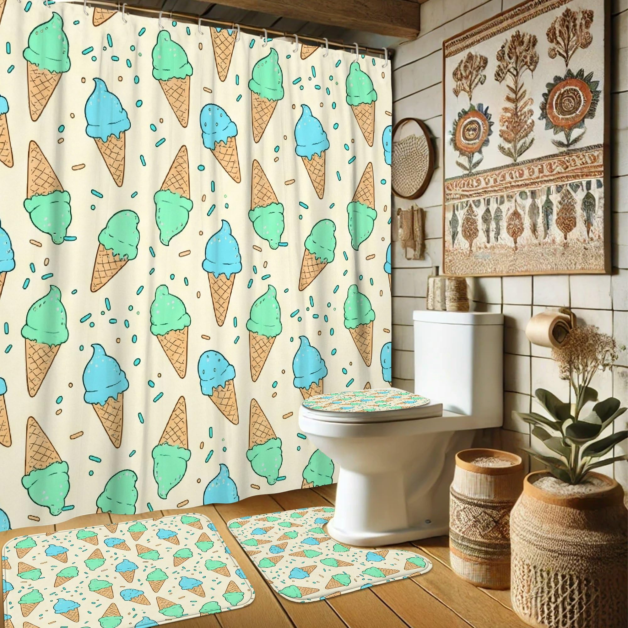 Ensemble rideau de douche motif cornet de crème glacée en textile lavable avec crochets inclus
