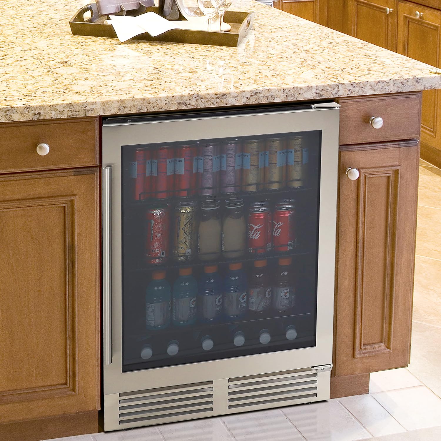Avanti 126 Soda Mini Fridge, Stainless Steel, Pull-Out Wine Shelf, Adjustable Racks | 24 Inches Wide, LED Interior Lights | Drink Fridge, Glass Refrigerator for Monster, Red Bull Cans, Mini Bar