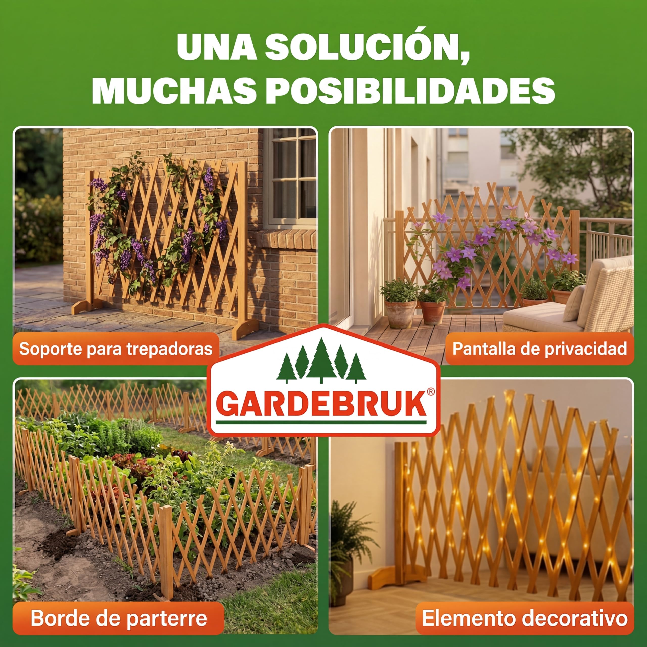 GARDEBRUK® Celosía Extensible 2 uds. Madera hasta 200cm Plantas Trepadoras Enrejado Jardín Valla Separador Terraza