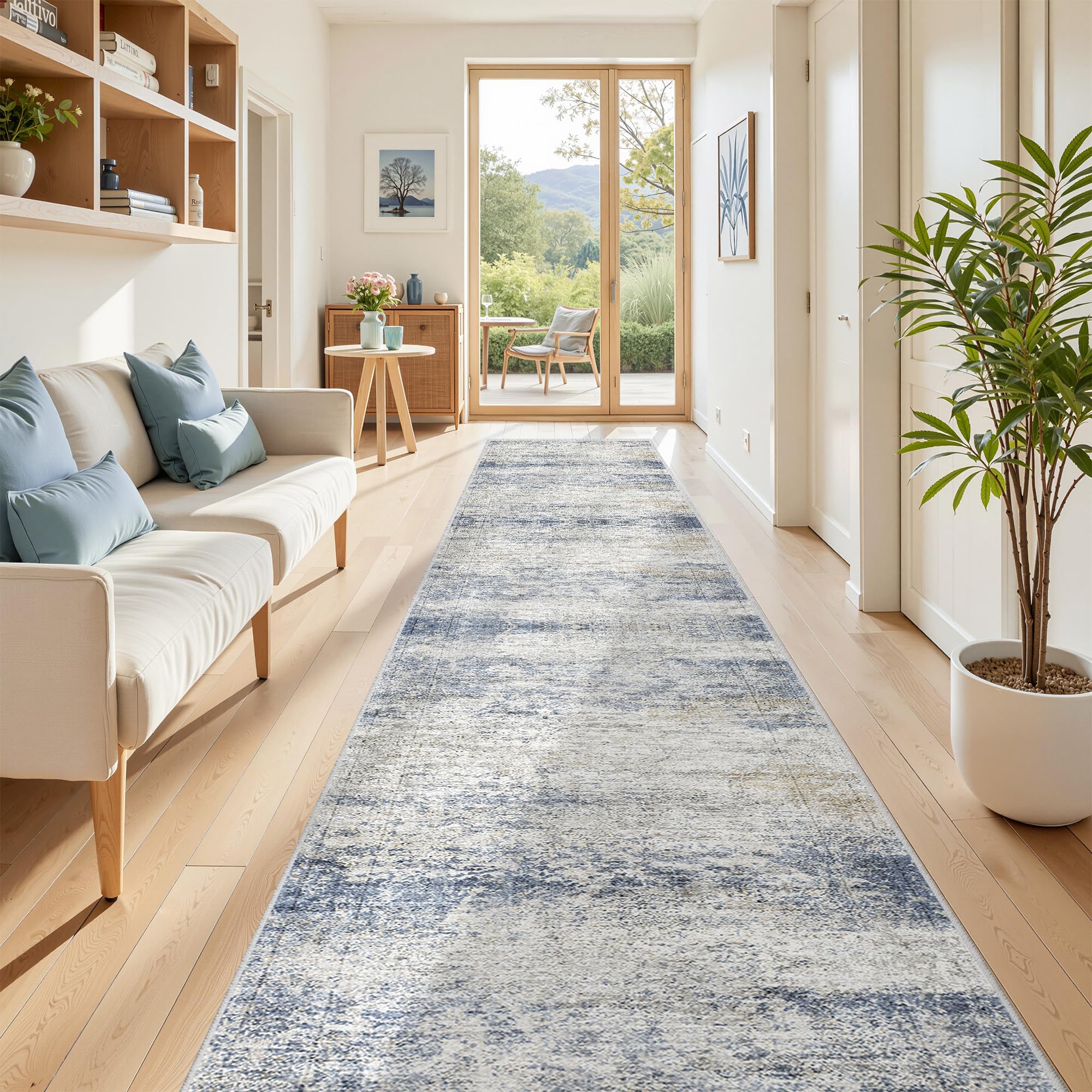 Restydon Washable Runner Rug 2.5x16, Non-Slip Long Kitchen Mats for Floor, Vintage Rug for Entryway, Soft Hallway Runner for Dining Room, Bedroom, Living Room(2.5'x16',Blue/Brown/Ivory)