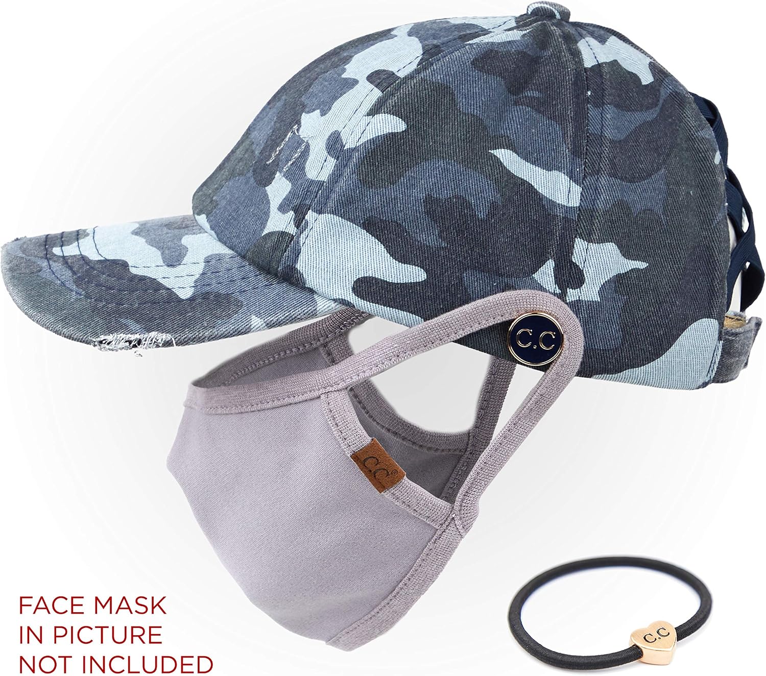 C.C Washed Denim Criss-Cross Ponytail Cap Epoxy Button for face mask (Face Mask not Included) (BT-799)