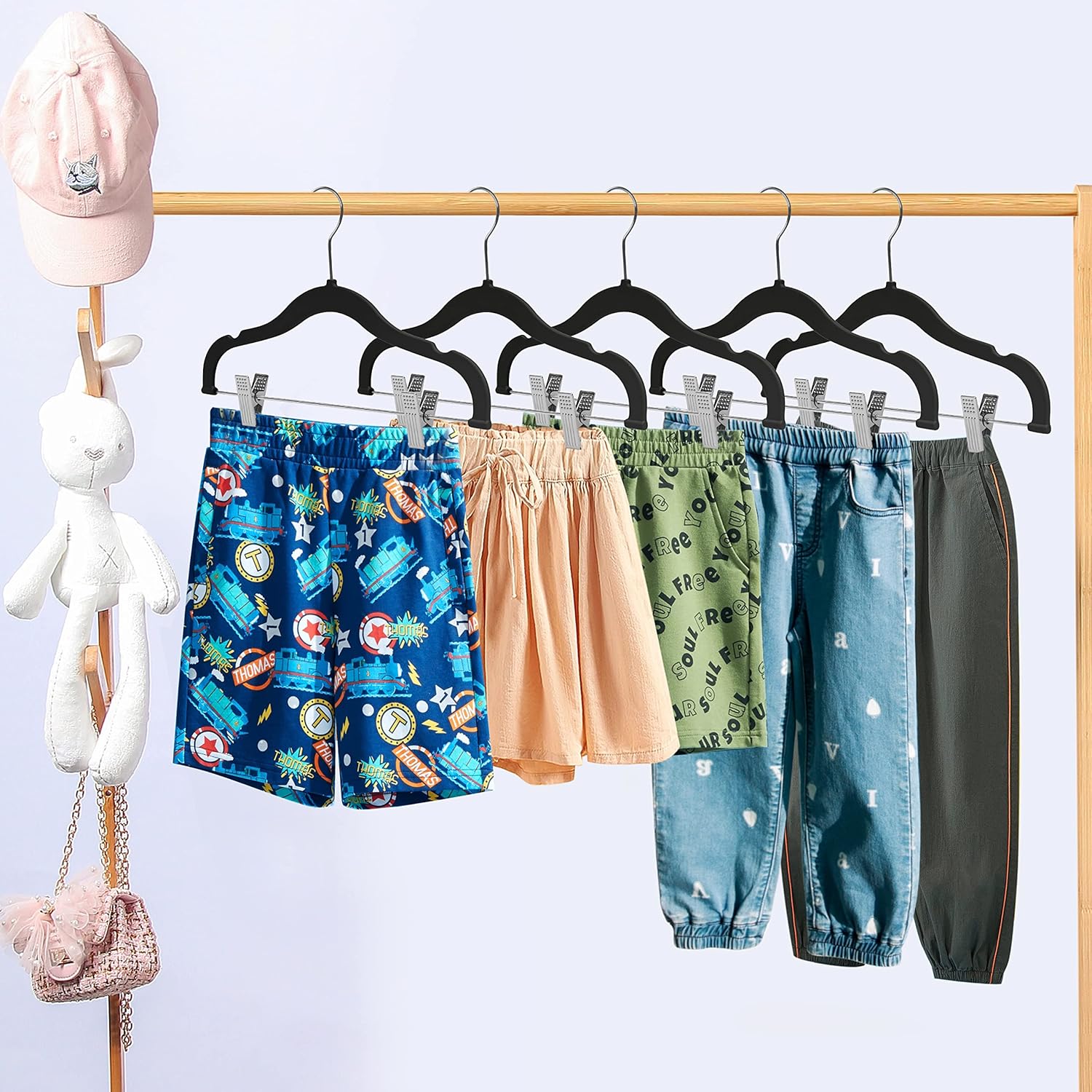 Quality Kids Children's Plastic Non Velvet Non-Flocked Thin Compact Skirt Pant Coat Hangers with Metal Clips for Skirts Pants Blouses 360° Swivel Hook, Jacket, Shirt, Legging, Suit Hangers (Black, 10) - Image 6