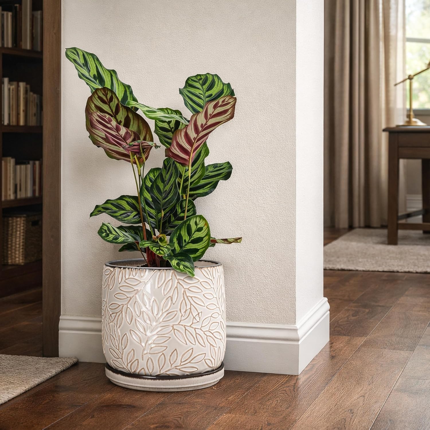 D'vine Dev 8 Inch Embossed Leaves Stoneware Planter Pot with Drainage Hole and Saucer, Smoked White, 27-A-Q-1
