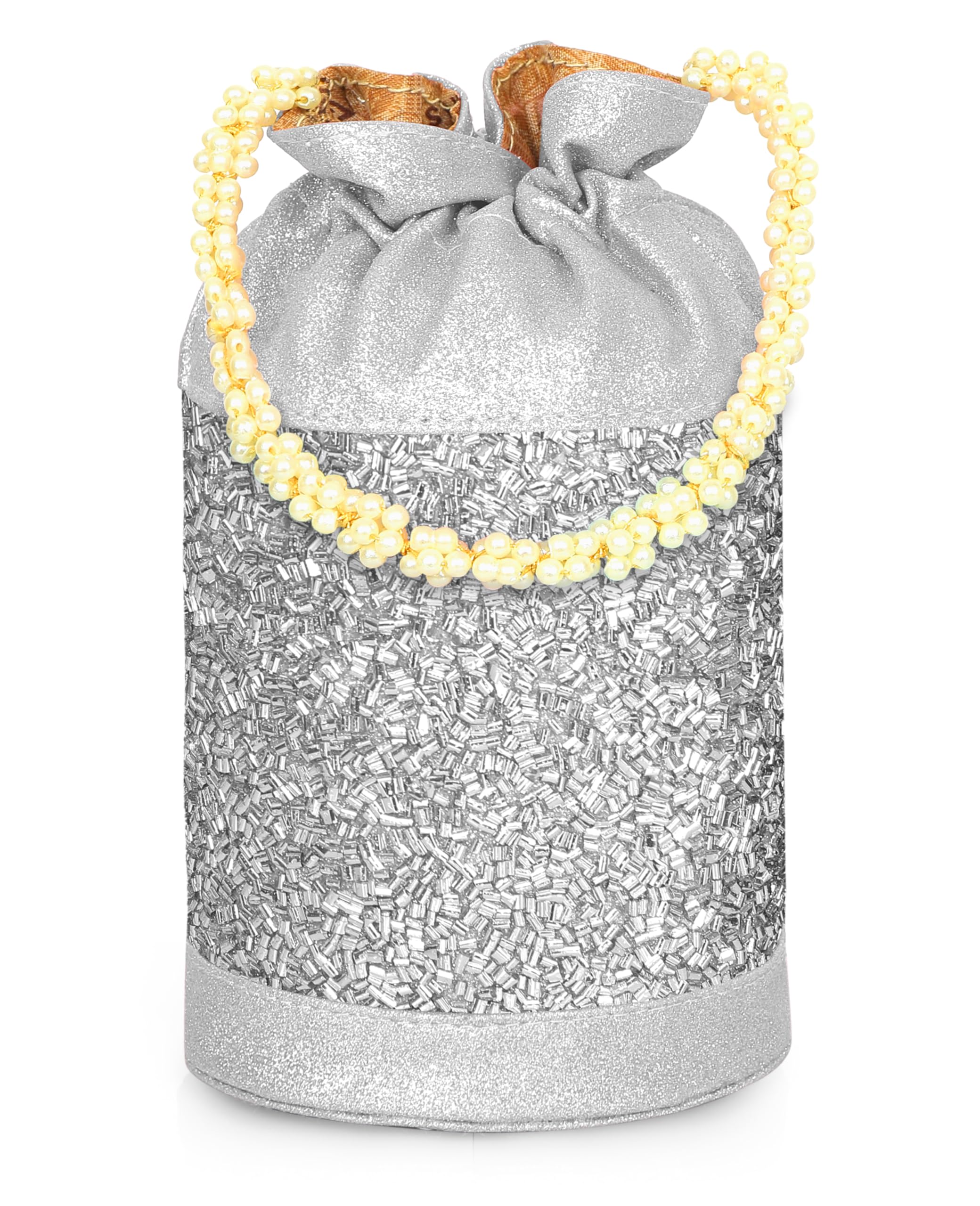 MISHA Gilded Grace Potli Bag for Women β Designer Beaded Potli with Pearl Handle (SILVER) 1