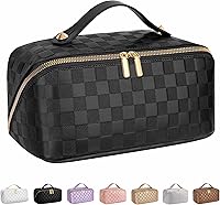 ALEXTINA Large Capacity Waterproof PU Leather Travel Makeup Bag for Women - Checkered Organizer with Dividers, Handle & 180° Open Design