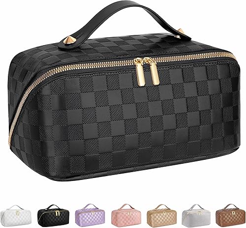 ALEXTINA Bolsa de cosméticos de viaje de gran capacidad, bolsa organizadora de maquillaje de piel sintética, bolsas de maquillaje tejidas portátiles
