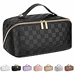 ALEXTINA Large Capacity Travel Cosmetic Bag - Portable Makeup Bags for Women Travel Toiletry Bag Waterproof Leather Checkered Makeup Organizer Bag, Roomy Cosmetic Bag for Women and Girls, Black