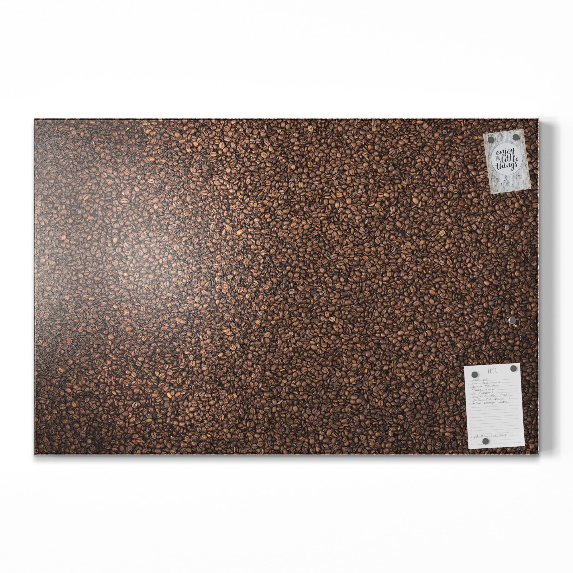 DEQORI Metalowa tablica magnetyczna | wymiary 90 x 60 cm | motyw "Kawa ziarnista morza" | tablica suchościeralna na wszystkie magnesy | tablica magnetyczna do kuchni i biura | designerska tablica