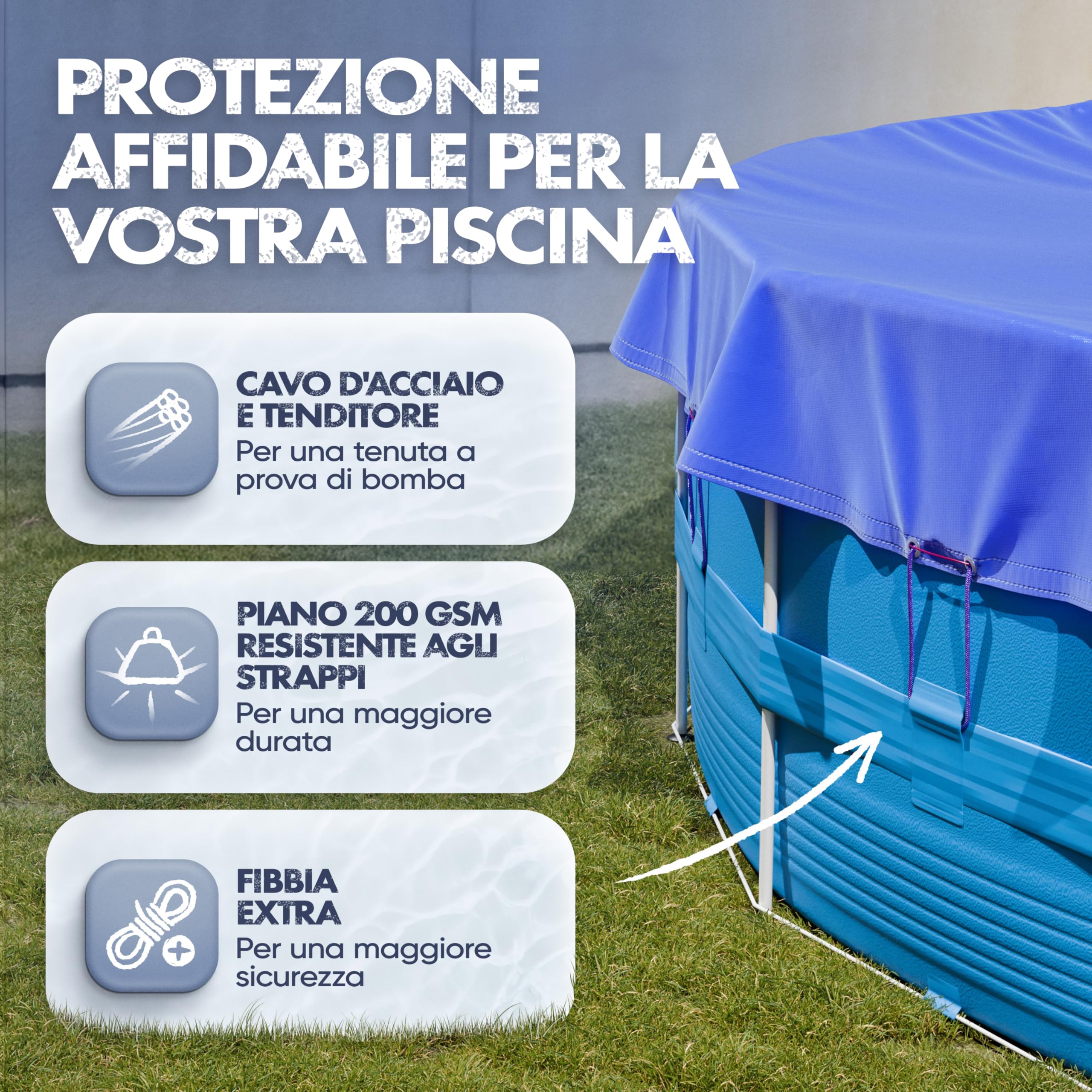 Copertura per piscina 320-366 cm (Ø 420 cm), 200 g/m², Adatto per Intex | Telo spesso blu/nero con materiale di fissaggio, adatto per piscine Intex e Bestway, diametro