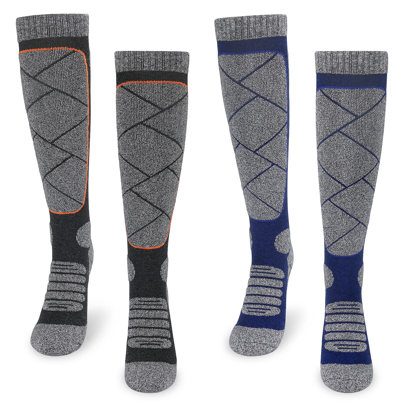 ouhosMens Thermal Ski Socks Black Grey Long Knee High Winter Thick Warm Football Sports Socks for Men 9-12 Anti Blister Cushioned Snowboarding Mountaineering Hiking Work Socks 2 Pairs