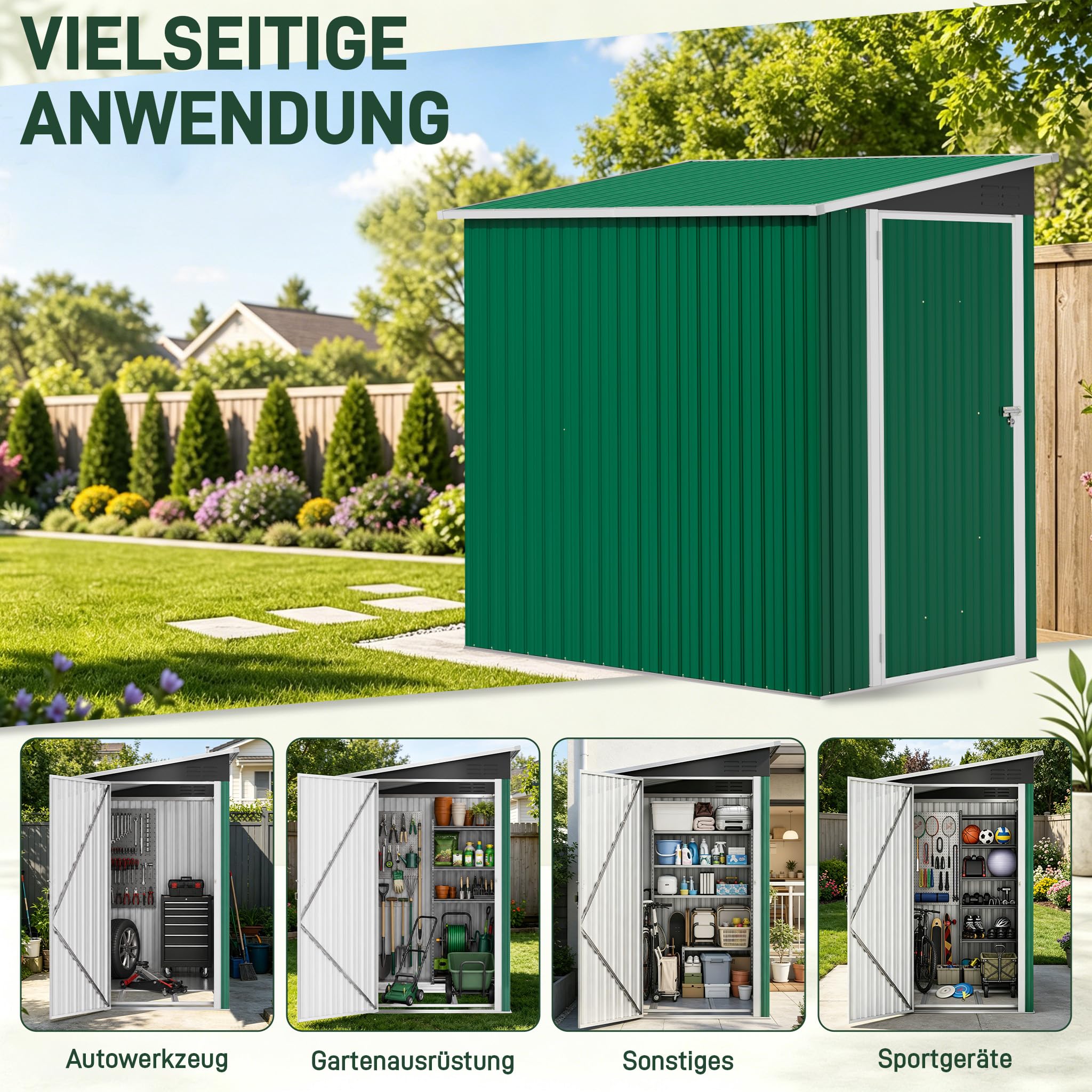 XMTECH Metalowy domek ogrodowy 180 x 117 x 185 cm – duża szopa na narzędzia z drzwiami skrzydłowymi i wentylacją, ze stabilnym dachem jednospadowym, odporna na warunki atmosferyczne, zamykana, domek