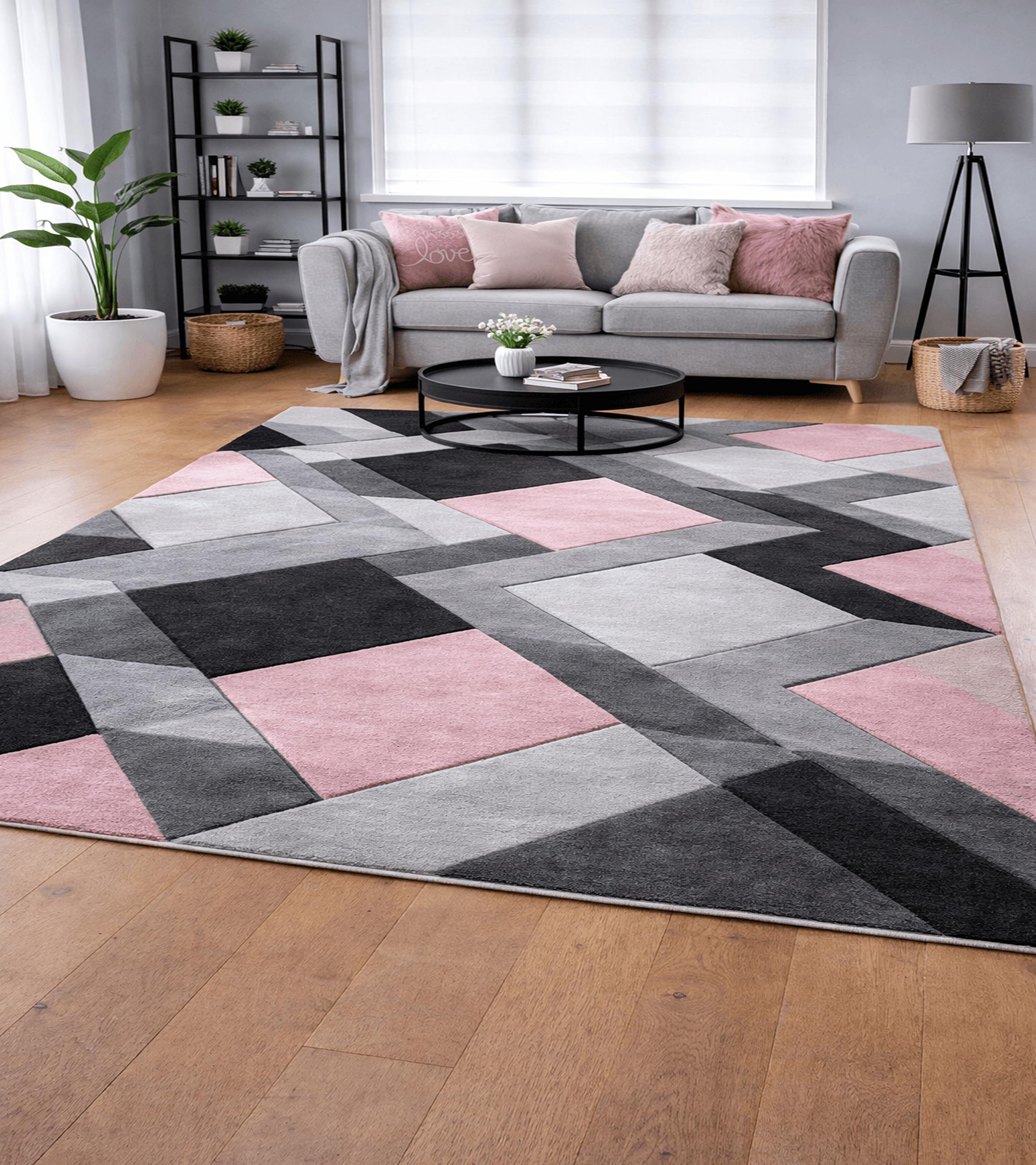 New Small Large Blush Pink Silver Grey Geometric Design Area Rugs Mats (200x290cm)