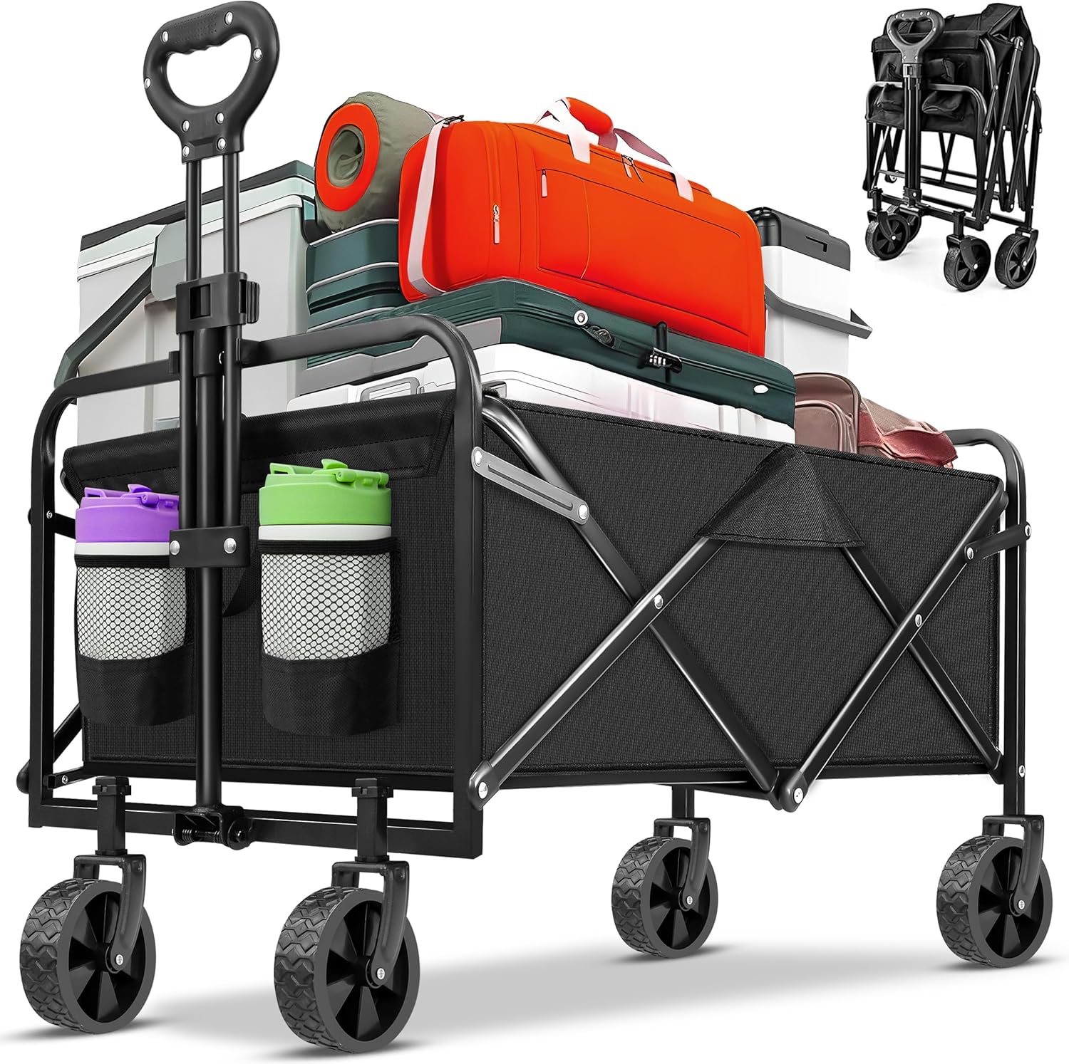 Collapsible Hand Van Pushchair, Portable Van with Wheels, Heavy Duty Folding Van for Sports, Shopping and Camping - Black