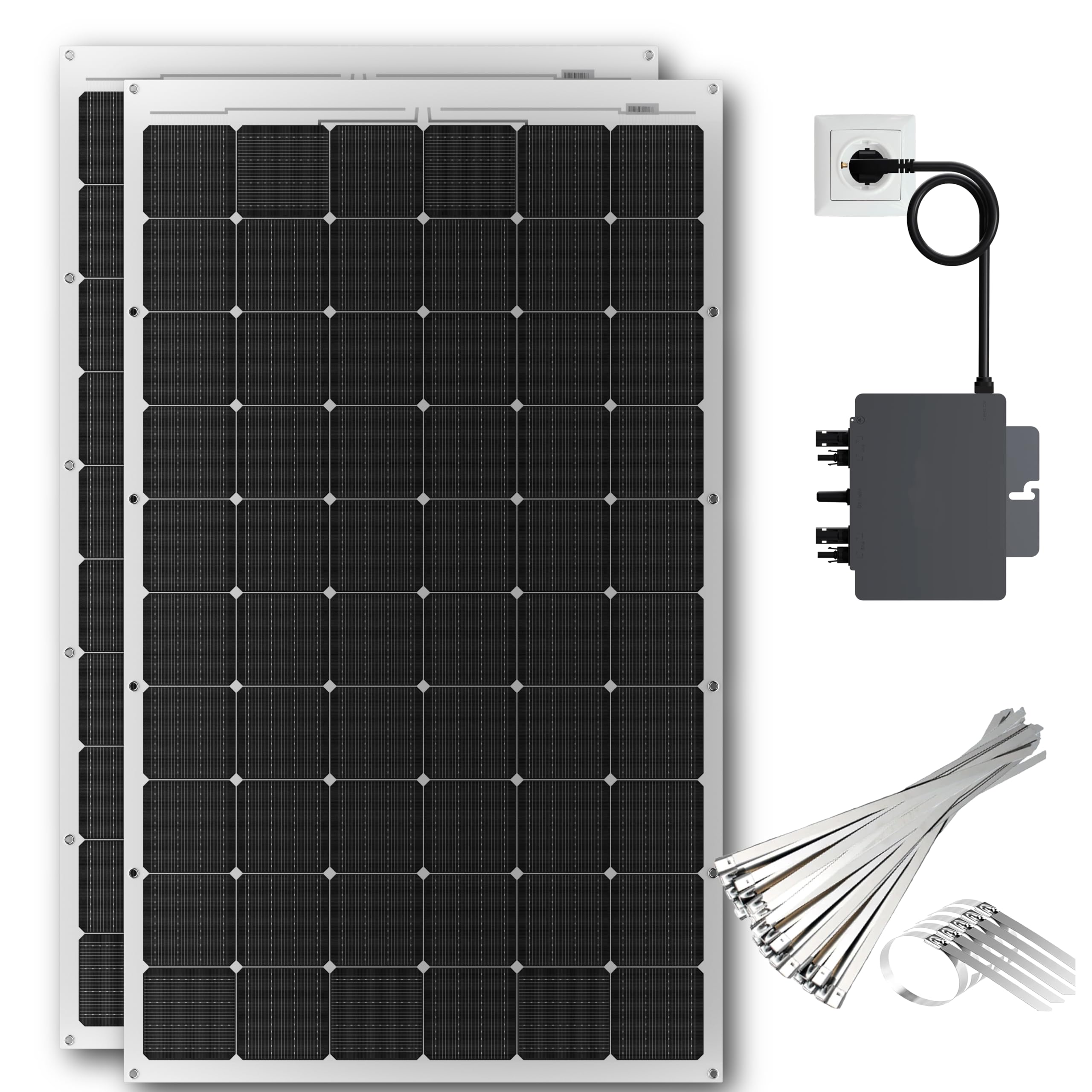 Kit de 2 paneles solares flexibles 315 W Microinversor de 800 W y cable – Módulos monocristalinos IP67 Ultra Delgados 167 × 99,6 × 0,15 cm – Panel Fotovoltaico Plug and Play para Balcón – Fácil de