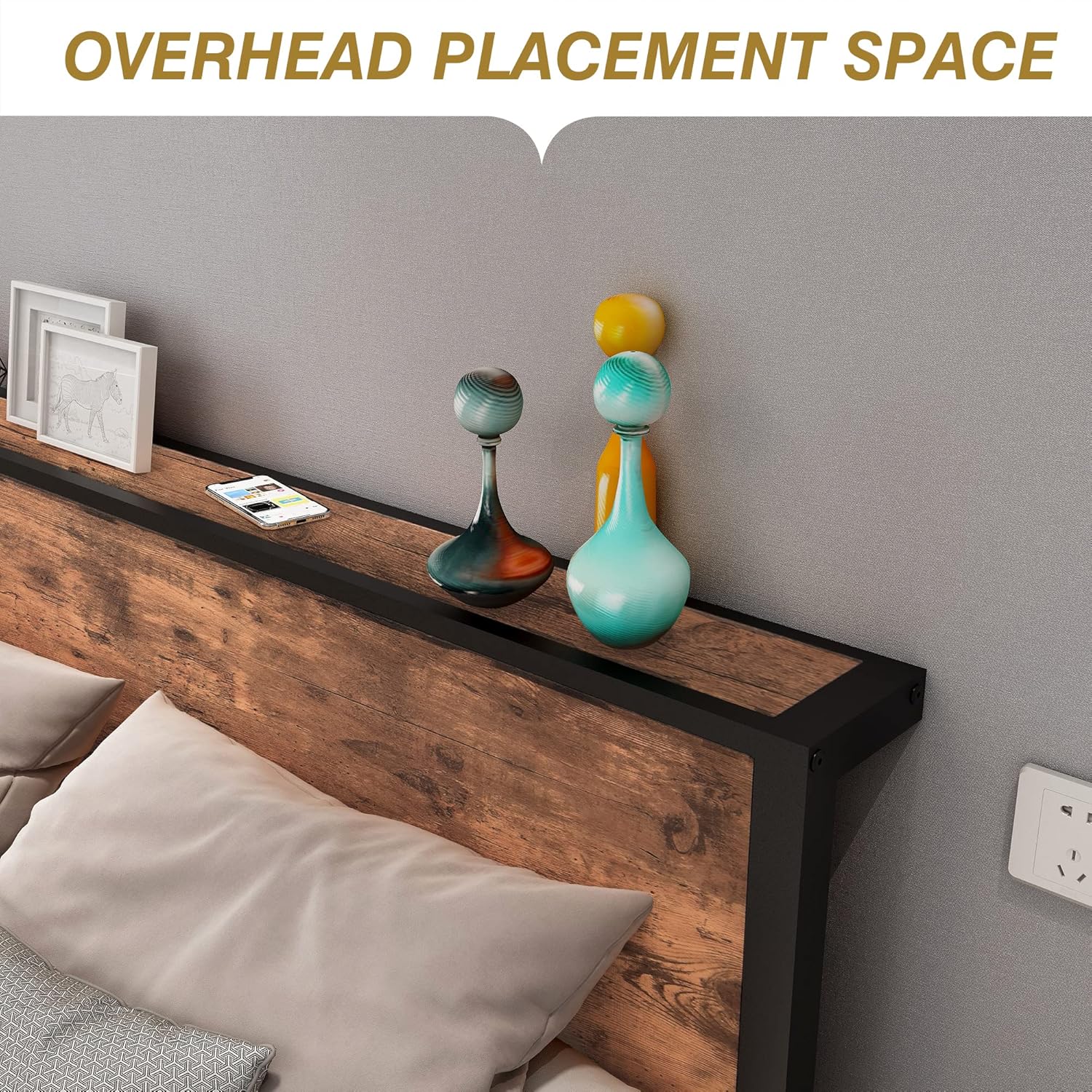 DUMEE Full Bed Frame with Wood Storage Headboard, Metal Platform Bed Frame Full, No Box Spring Needed, Noise Free, Reinforced Strong Support Leg, Textured Black&Brown Oak - Image 4