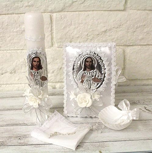 Elegante hecho a mano 5 piezas Jesús Foil Picture Lace Bautismo Bautizo Conchas Juego de velas Favores Chica Niño Blanco Conjunto de Bautizo Español
