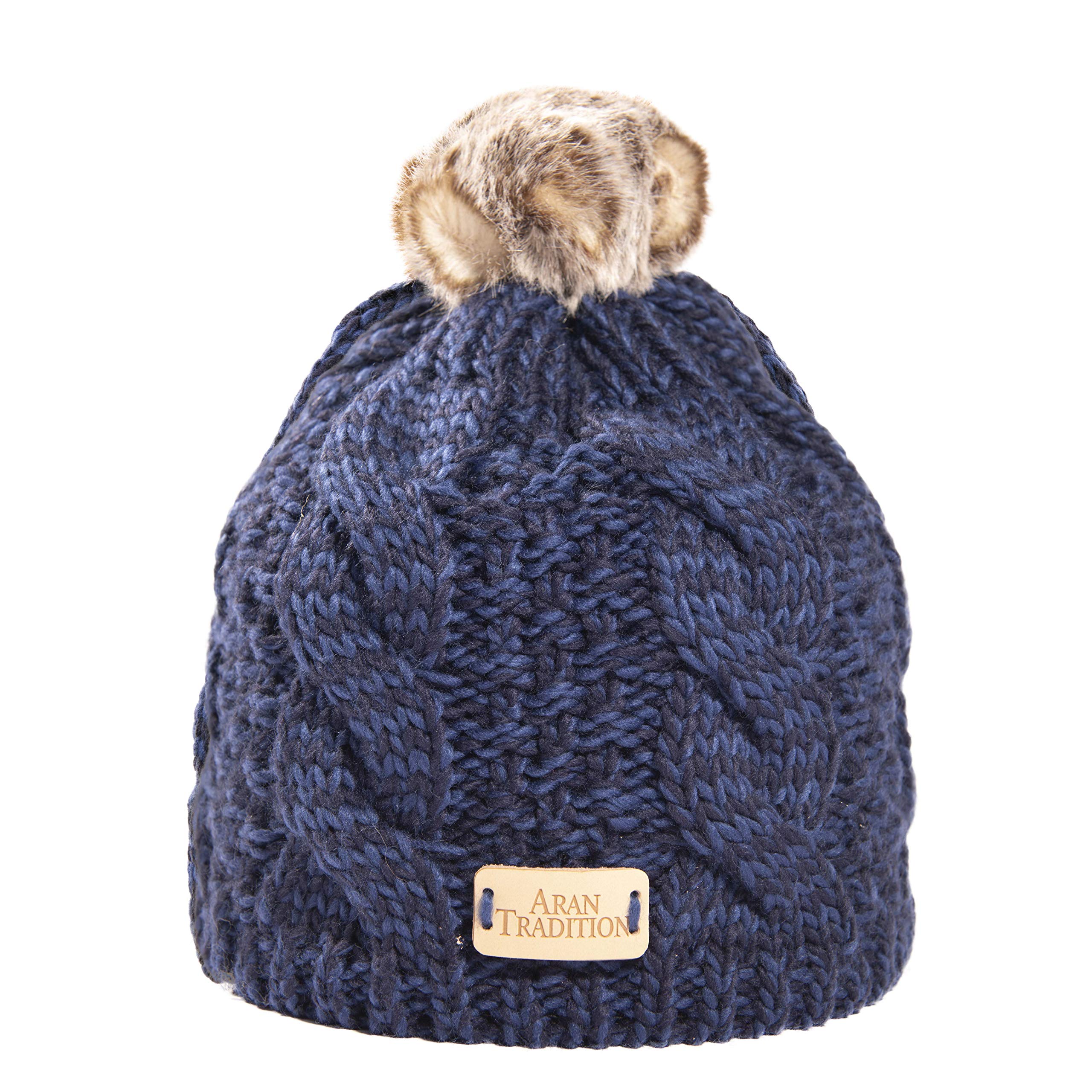 Aran Traditions Warm Winter Cable Knit Faux Fur Bobble Beanie Hat (Navy)