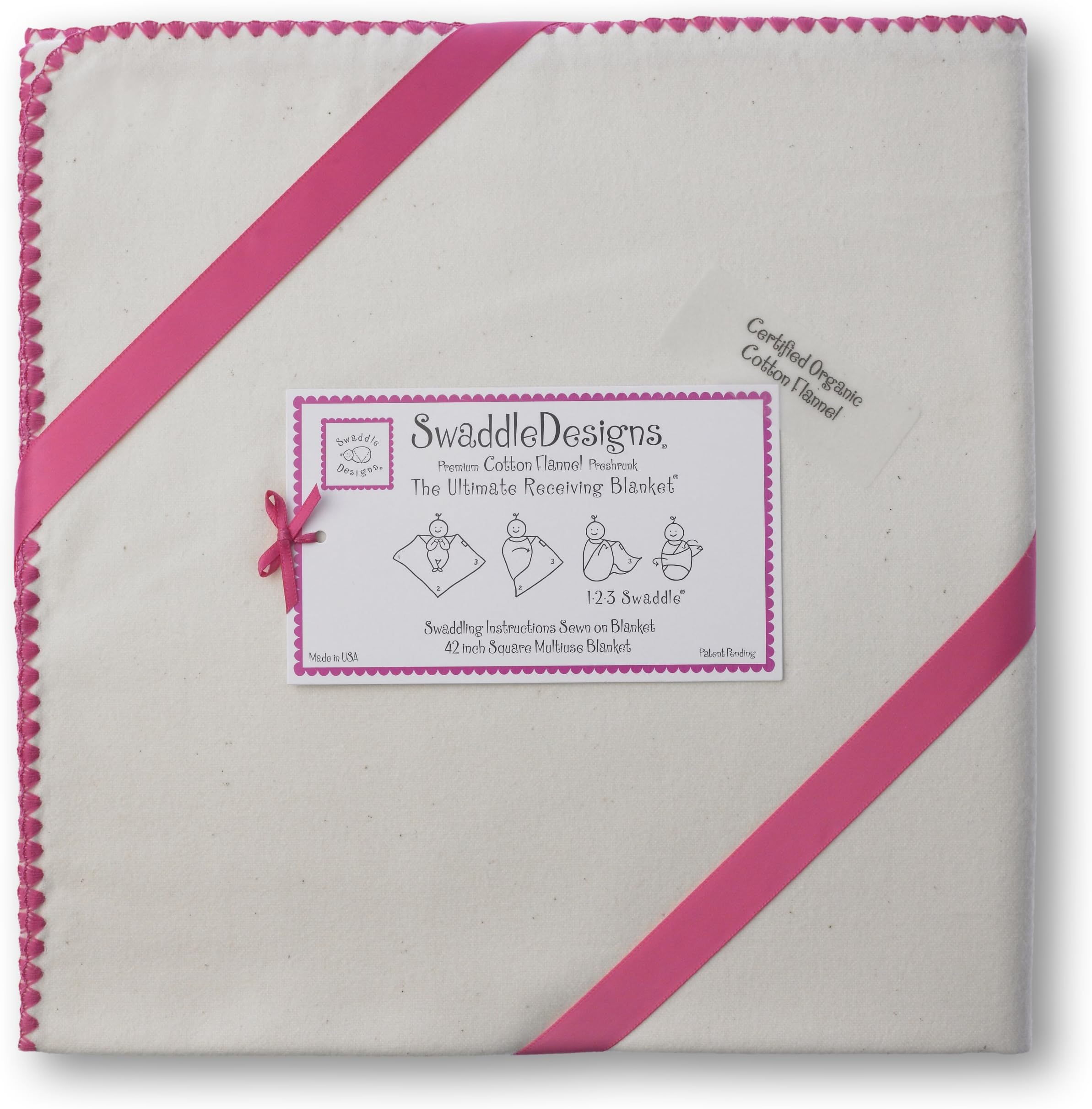 SwaddleDesigns Organic Ultimate Winter Swaddle, X-Large Receiving Blanket, Made in USA, Premium Cotton Flannel, Natural with Color Trim, Fuchsia (Mom's Choice Award Winner)