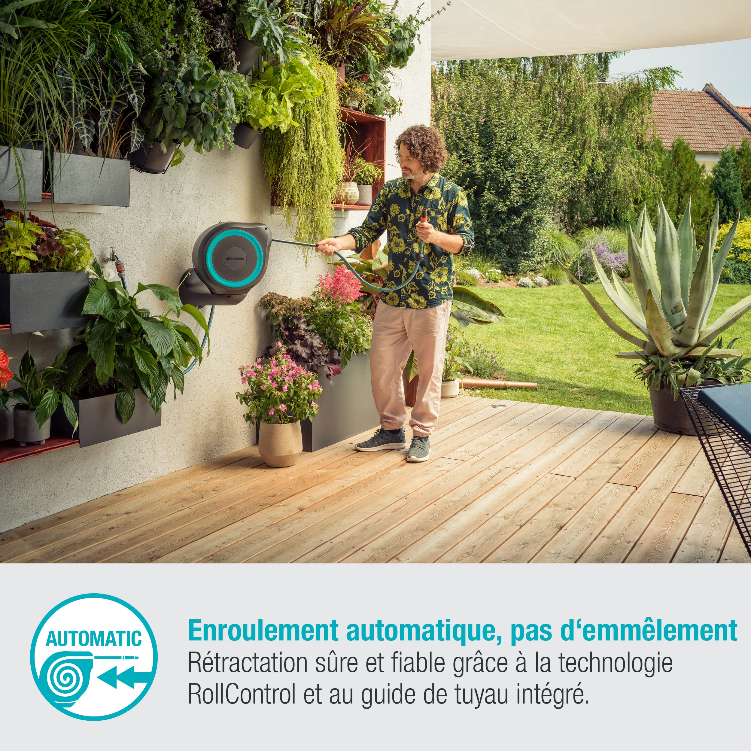 Gardena Coffre de tuyau mural RollUp M 20 m: Arrosage flexible jardins de taille moyenne, enrouleur pivotant, support mural, pces du système et pulvérisateur, 20 m de tuyau Gardena inclus (18610-20)