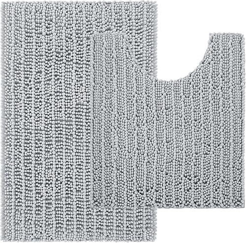 Arotive Alfombras de baño de felpilla con forma de U, tamaño 30 x 20 pulgadas y alfombras de inodoro de 24 x 20 pulgadas, color gris claro, paquete