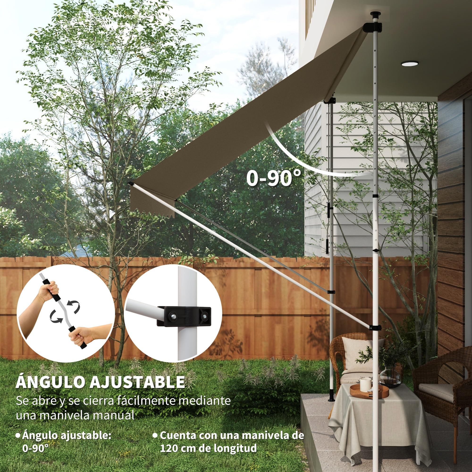 Outsunny Toldo Manual Retráctil 3x1,5 m, Toldo Exterior Terraza Enrollable, Altura Ajustable 170-280 cm, con Manivela, Anti-UV e Impermeable, Sin Taladro, para Balcón, Jardín, Beige