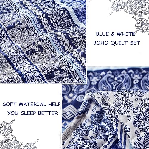 Miniatura 6 de WONGS BEDDING Juego de edredón bohemio tamaño individual, juego de edredón de 2 piezas bohemio, color azul, juego de ropa de cama ligero para todas