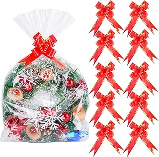 20pcs Christmas Snowflake Cellophane Bags Pull Bow Set 10 pcs Christmas Basket Bags Wine Bottles Cellophane Wrap Perfect for Gift, Presents, with 10pcs Pull Bows (12 x 18 inches)