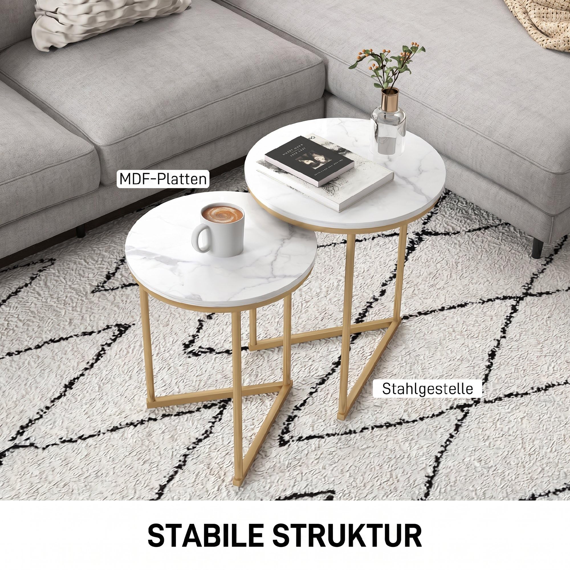 HOMCOM Beistelltisch 2er-Set Sofatisch für Kleine Räume Goldton