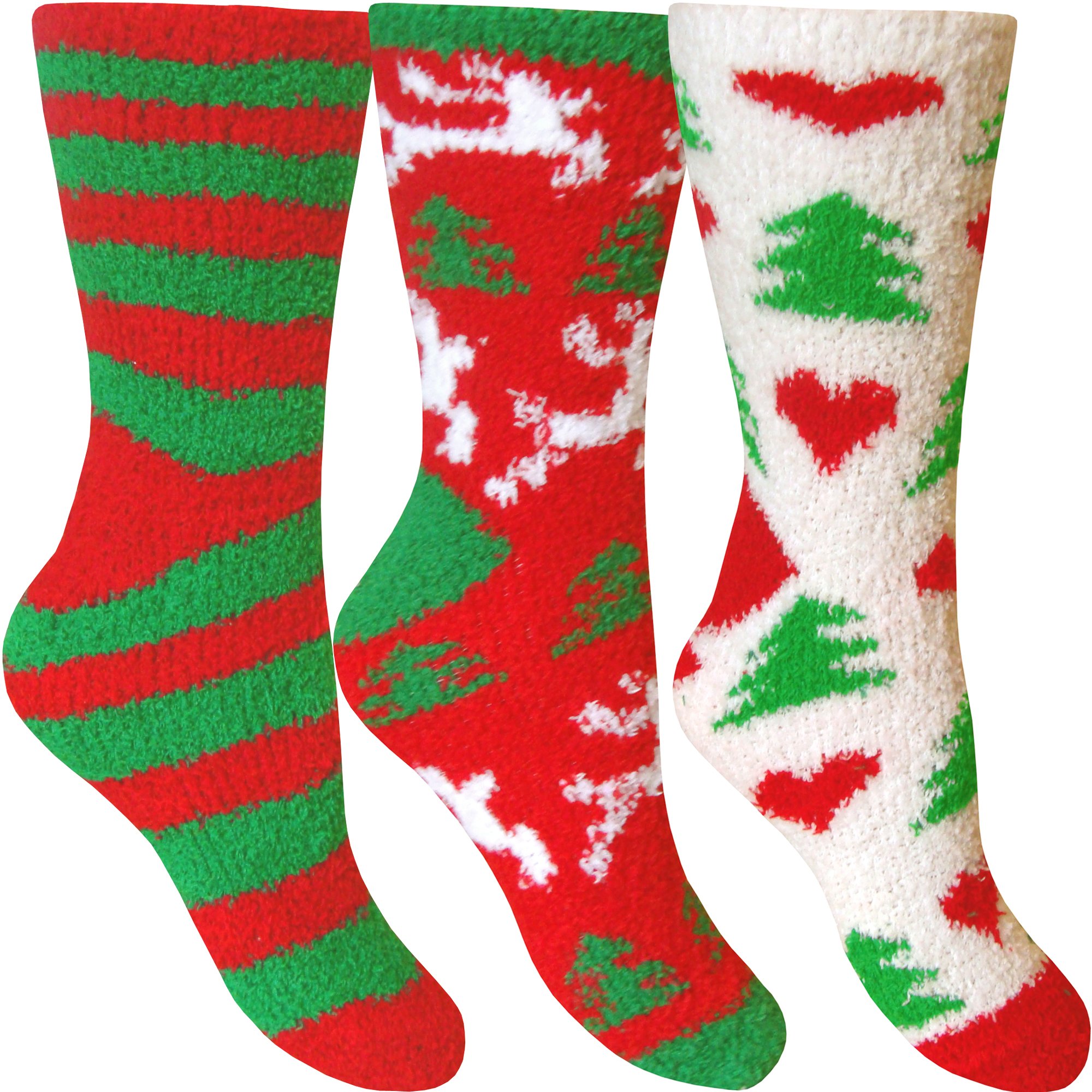 TeddyT's Women's Fluffy Stripes & Polka Dot Co-Zee Thermal Socks (3 Pair Pack) (Festive Christmas Mix)