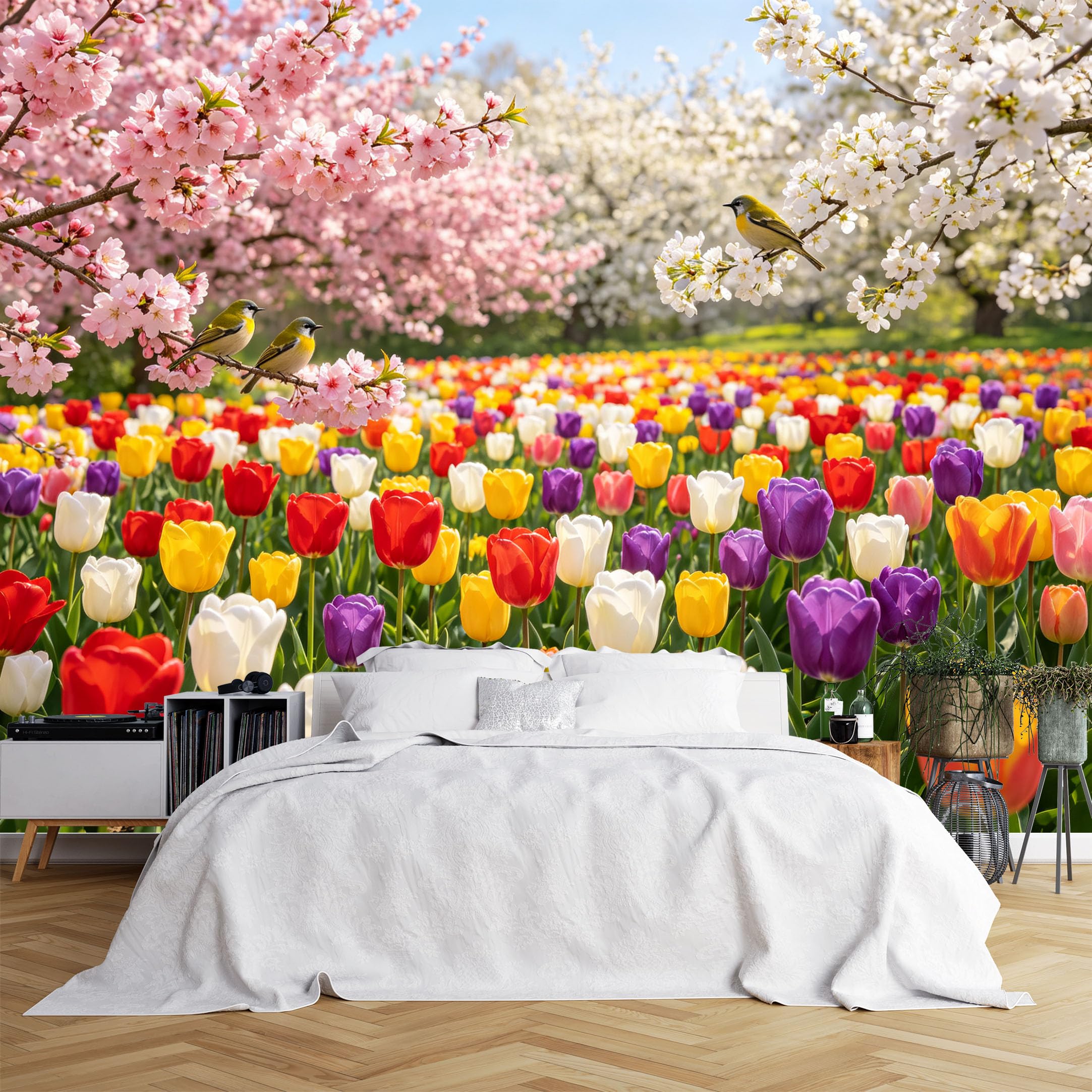 Lcythiazole Ch260615112 Custom Size Wall Murals Cherry Blossom Tulip Field Little Birds Garden Wall Murals Realistic Floral Wallpaper Wall Stickers Self-Adhesive Removable Wallpaper For Sunroom