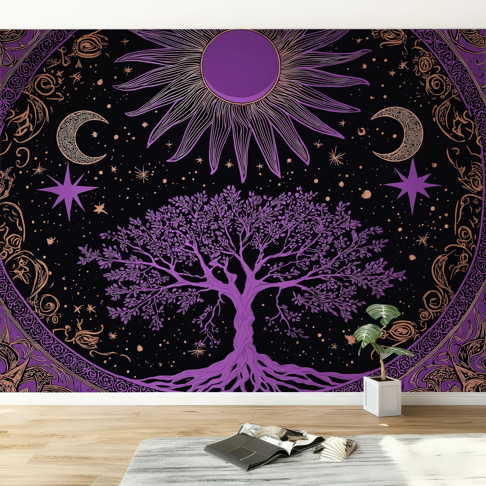 Fantasy tapeta efekt 3D 200 x 140 cm, fototapeta fioletowy i czarny słońce księżyc drzewo życie fototapety tapeta ścienna włóknina nowoczesna dekoracja ścienna salon sypialnia biuro salon