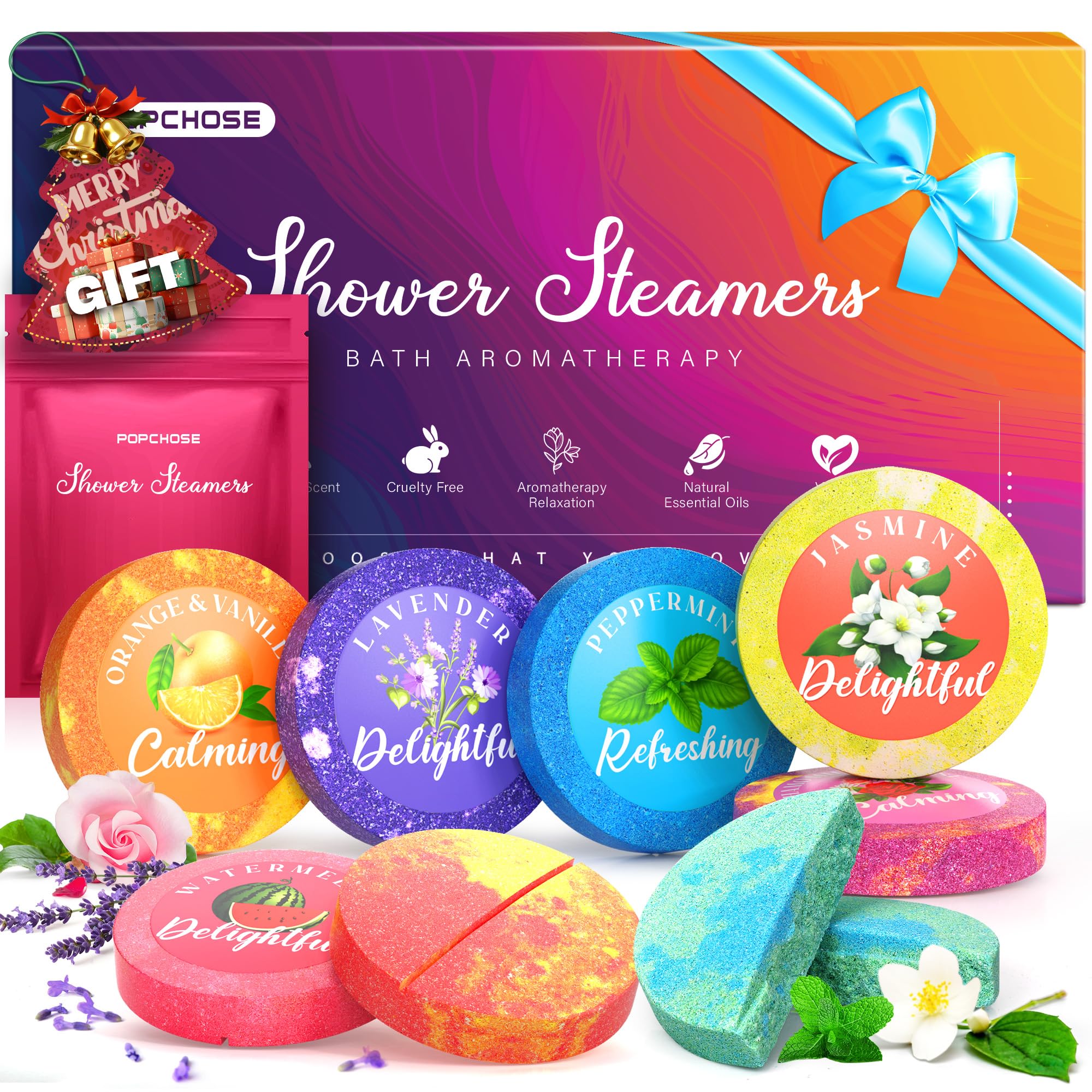 POPCHOSE Shower Steamers Aromatherapy, Stocking Stuffers for Women, Christmas Gifts for Teens and Women, Self Care & Home Spa Gifts for Mom, Men, Dad, and Teens, 8 Scented with Gift Packaging