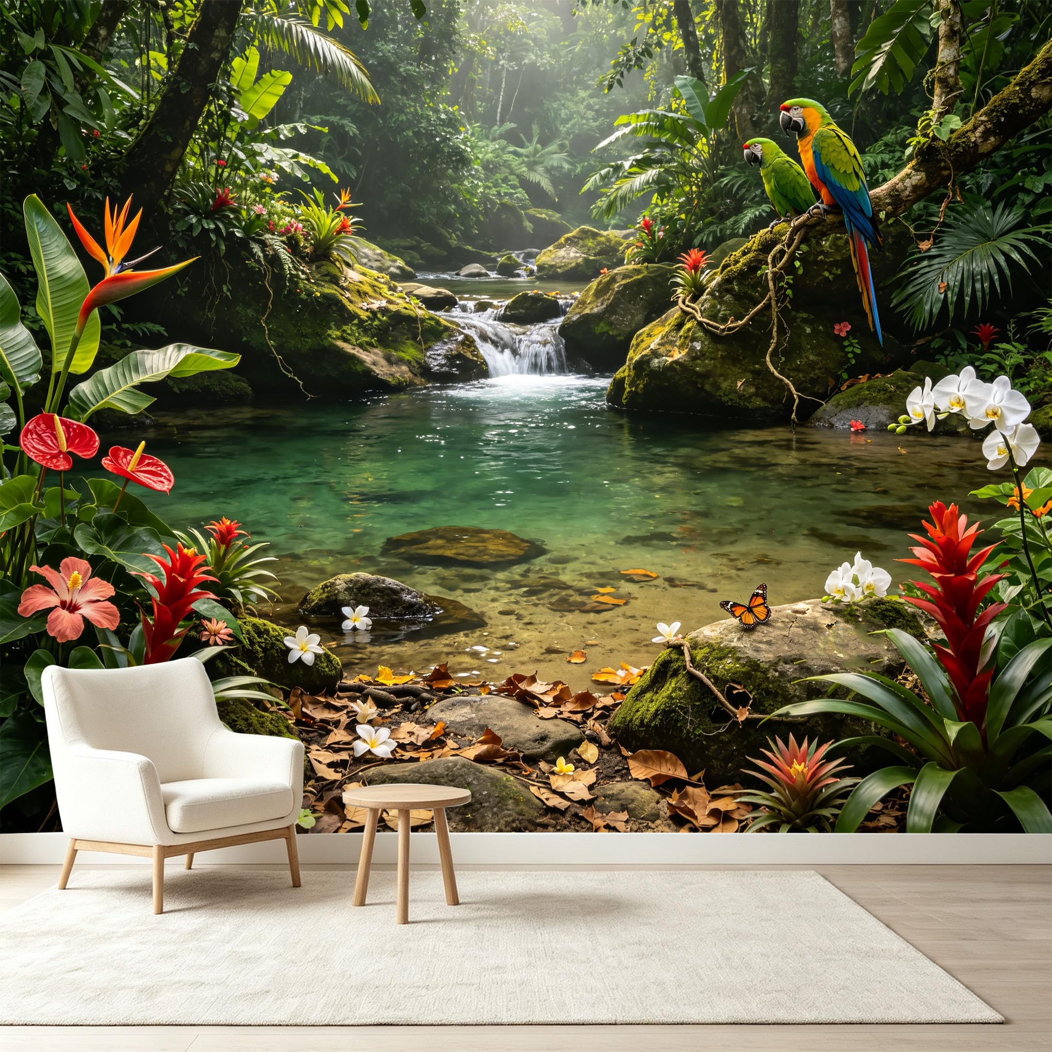 Custom Size Wall Murals Tropical Jungle Rainforest Botanical Macaw Parrots Waterfall Self-Adhesive Wall Fabric Removable Wallpaper Wall Decor for Living Room Bedroom Bathroom